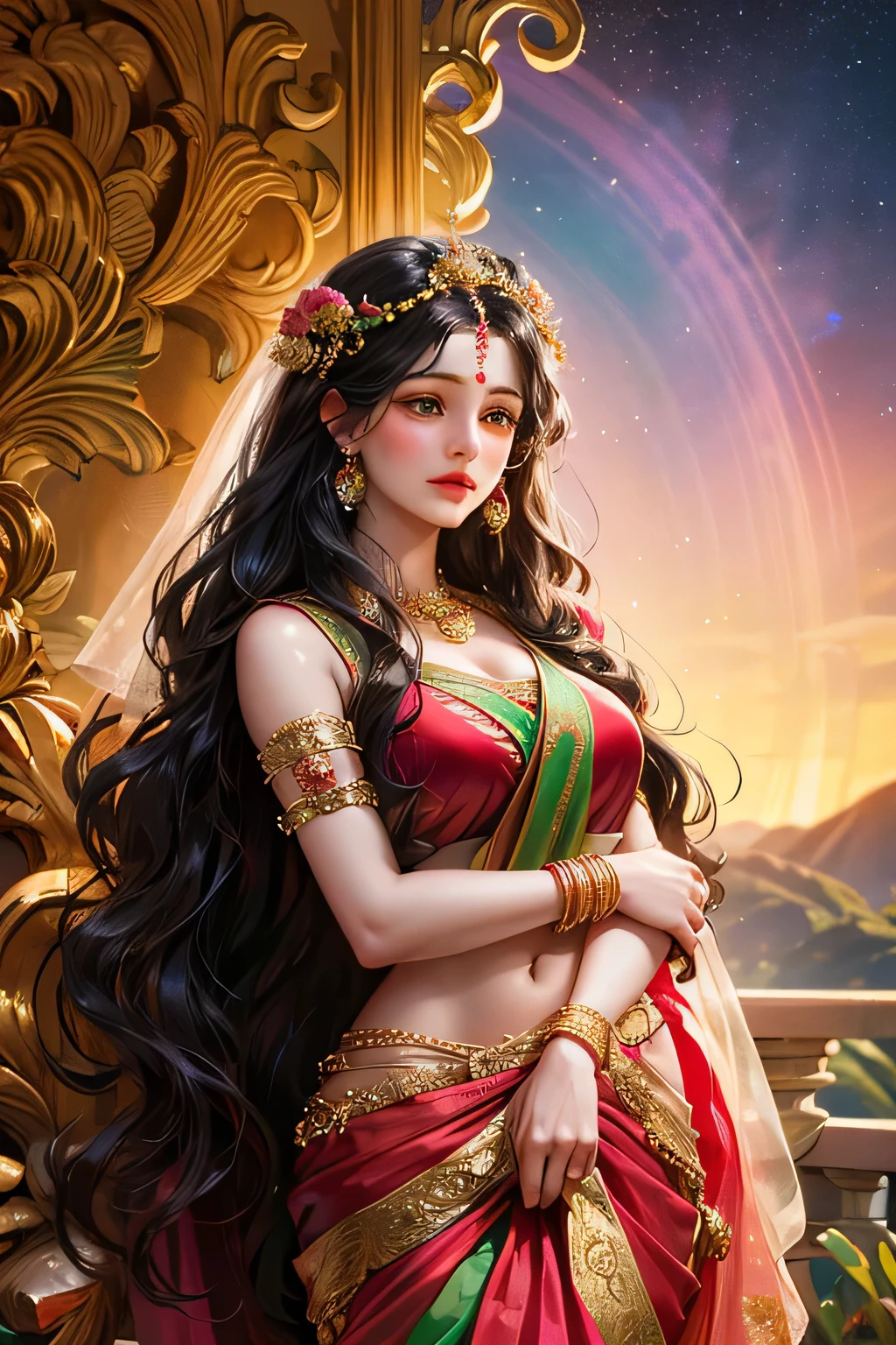 Tanned, large eyes, medium nose, large lips, black eyelashes, oval face, long hair, (Full Body Angle), straight hair, ends curly, dreamy face, no bindi, less make up, clear face, smiling, shy, clear forehead, curvaceous, pouting lips, look, cold light, cleavage, curvy, inviting, flat stomach, medium hips, large