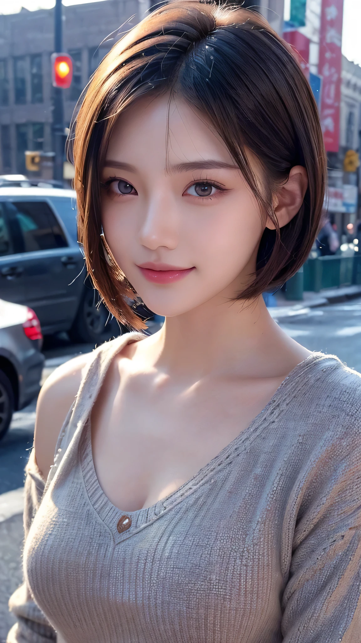 in high definition,(((New York street corner)))、((( brown, Shoulder length, straight short bob taken by someone)))、((( I can see the New York skyline in her background、 pose like a model at a beauty salon 。.)))、(((Casual black long sleeve winter clothing)))、 18 year old girl、Full body high definition image、light eye makeup、 brown Hair Color、 flat at honny 、 on the tip of the nipple、Quality of actress、Sparkling, Ultra Realistic Faces 、 Smile Face、Bloodshot eyes、 looks up、Subtle Lighting Effects 、 Ultra Realistic Capture、 very detailed、 high resolution 16K human skin close-up。 The texture of the skin is 、 while the illumination shines 、For more details、 must be clear enough to identify her pores .、The skin is healthy、 must always have a uniform tone、 use natural light and color、 model agency'Exclusive photographer