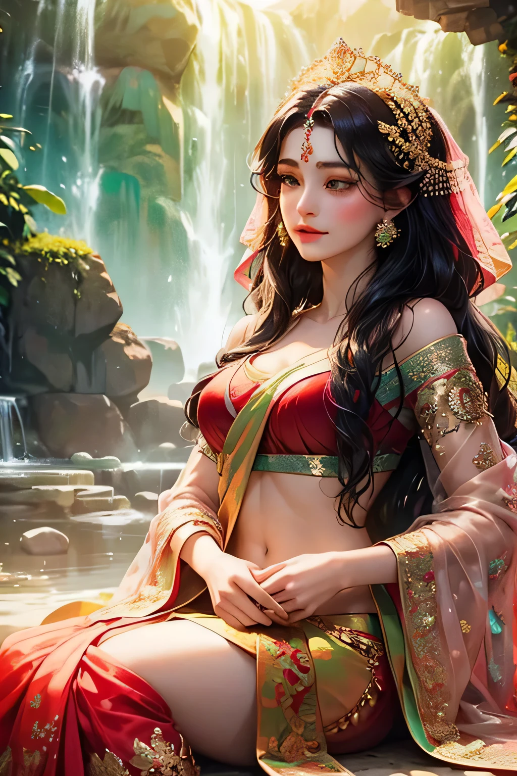 (masterpiece, best quality, ultra-detailed, best shadow),((realistic)),
(detailed background,dark fantasy), (beautiful detailed face), high contrast, bright details,
(best illumination, an extremely delicate and beautiful), (( cinematic lighting)),
colorful, hyper detail, dramatic light, intricate details,
(detailed clothes features),
(super-wide-angle lens:1.5),depth of field,
(1girl), solo,((a mature woman, standing,smile face)),
sexy,(long legs,wide hips, thigh,abs,toned physique,toned muscles:1.2),
(green eyes, black long hair, messy hair, floting hair),
 (Armlet, Haar, Payal,Maang Tikka,Jhumkas,Kamarband,Bangles,Bindi,Jhumkas:1.3), 
(clear background:1.2),(architecture of ancient India,  stone wall, rock,flowers, waterfall,cloud,grass, fog,vine,peak, tree,cliff ,deep canyons,bridge,river, outdoors),
india, Hinduism, indian clothes, a close up portrait photo of beautiful Raashi Khanna, Raashi Khanna