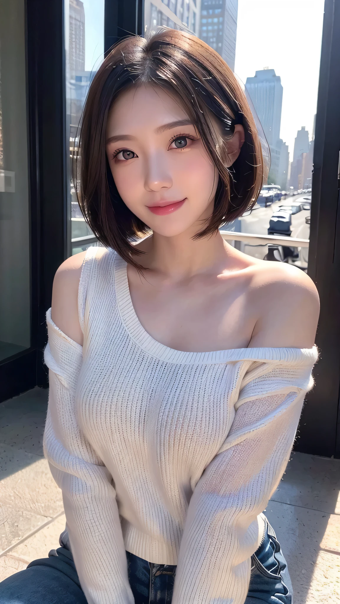 in high definition,(((New York street corner)))、((( brown, Shoulder length, straight short bob taken by someone)))、((( I can see the New York skyline in her background、 pose like a model at a beauty salon 。.)))、(((Casual black long sleeve winter clothing)))、 18 year old girl、Full body high definition image、light eye makeup、 brown Hair Color、 flat at honny 、 on the tip of the nipple、Quality of actress、Sparkling, Ultra Realistic Faces 、 Smile Face、Bloodshot eyes、 looks up、Subtle Lighting Effects 、 Ultra Realistic Capture、 very detailed、 high resolution 16K human skin close-up。 The texture of the skin is 、 while the illumination shines 、For more details、 must be clear enough to identify her pores .、The skin is healthy、 must always have a uniform tone、 use natural light and color、 model agency'Exclusive photographer
