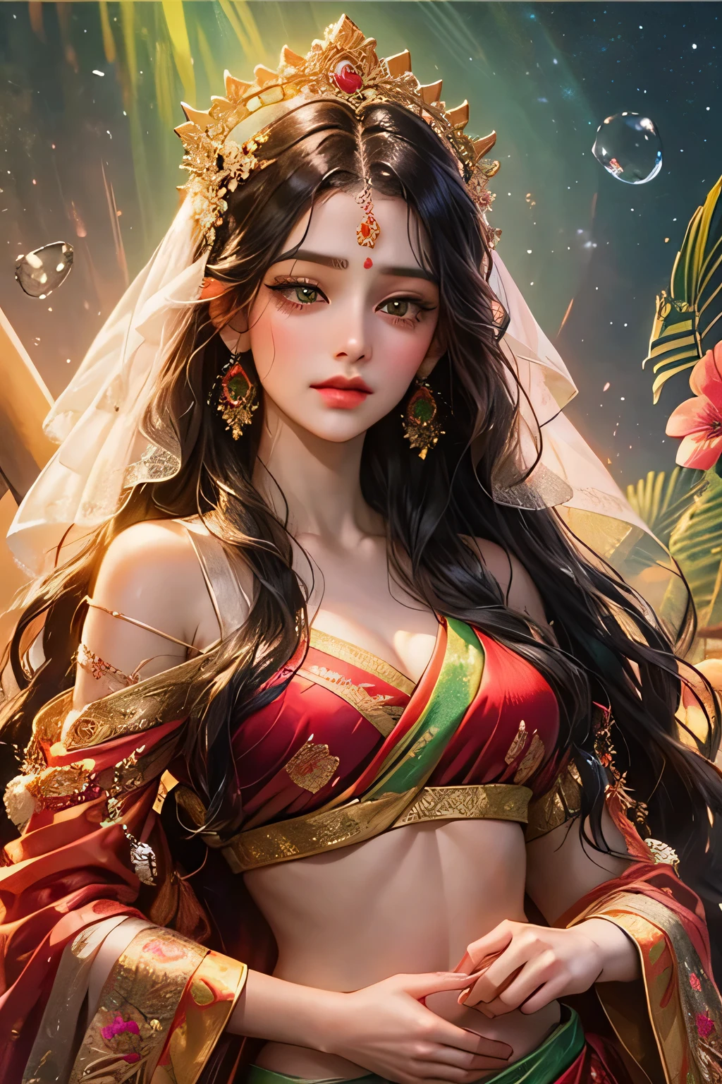 ((masterpiece、top-quality、realisitic、ultra-detailliert、hight resolution、Photorealsitic、foco nítido、lighting like a movie))、Stunning portrait of a beautiful woman、face lights、High brightness、Frontal lighting、(Complex and beautiful facial features、Brown skin、Attractive body)、Modern Indian Goddess、(Transparent Red Sari)、Dynamic Pose、diadems、rich colours、Goddess of Heaven、Look at viewers、Detailed hand depiction