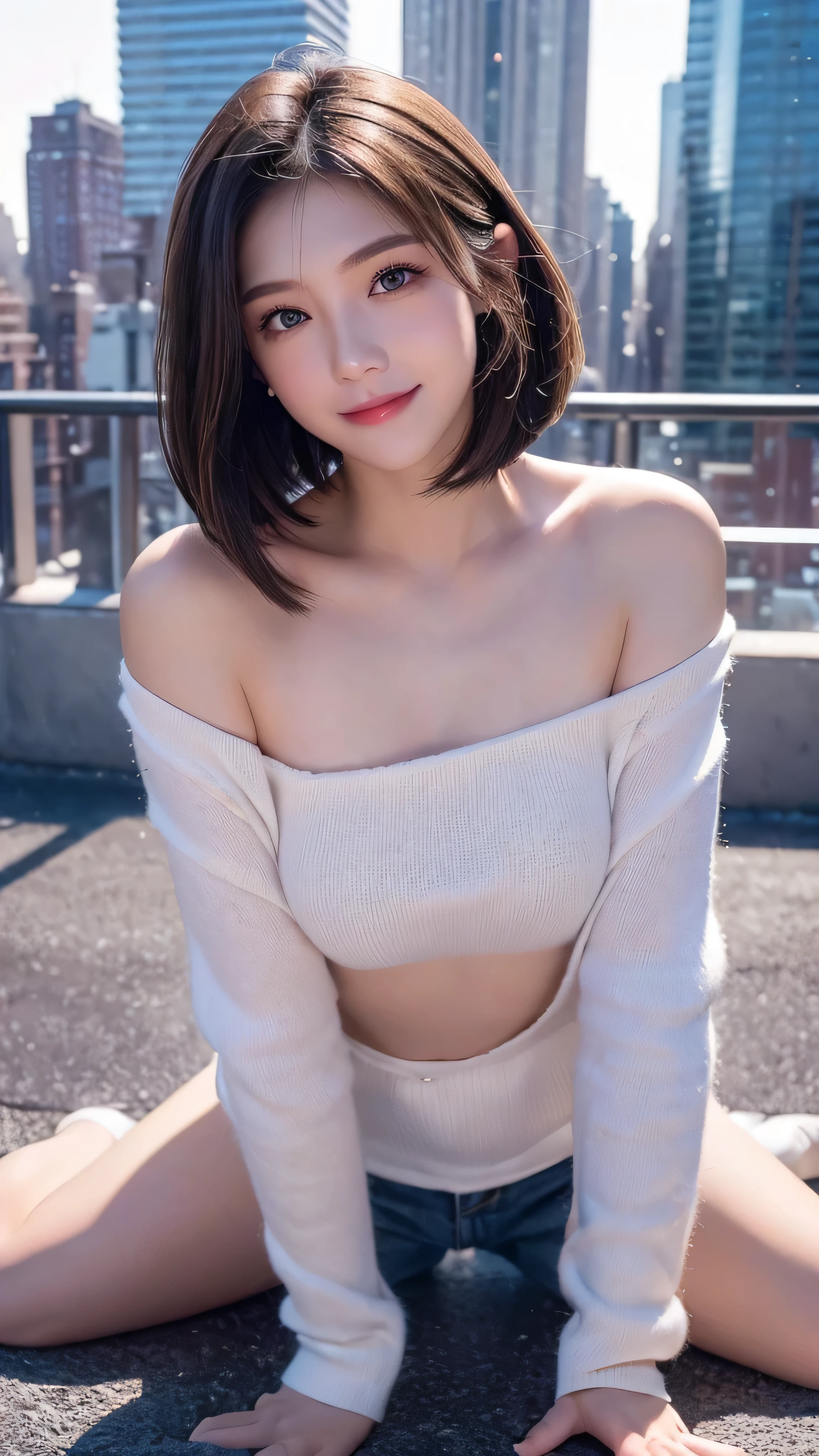 ((((whole body 1.4))))、(logo、masterpiece、8K、smile、off shoulder、mini skirt、pink sneakers、((Clothes hanging down on the chest))、((Breasts exposed))、((crawl on all fours))、wonderful、最high quality、フォトリアリスティックでvery detailedな CG 統合 8k 壁紙、high quality、very detailed、Narrative poem、particle effects、dynamic effects、written boundary depth、cinematic light、Lens flare、ray tracing)、fantasy、black haired、short hair、beautiful face、real face、beautiful details eyes beautiful skin)、髪がWindで踊る、Hair flutters in Wind、hair bounces、sunrise、sun on background、Wind、city、