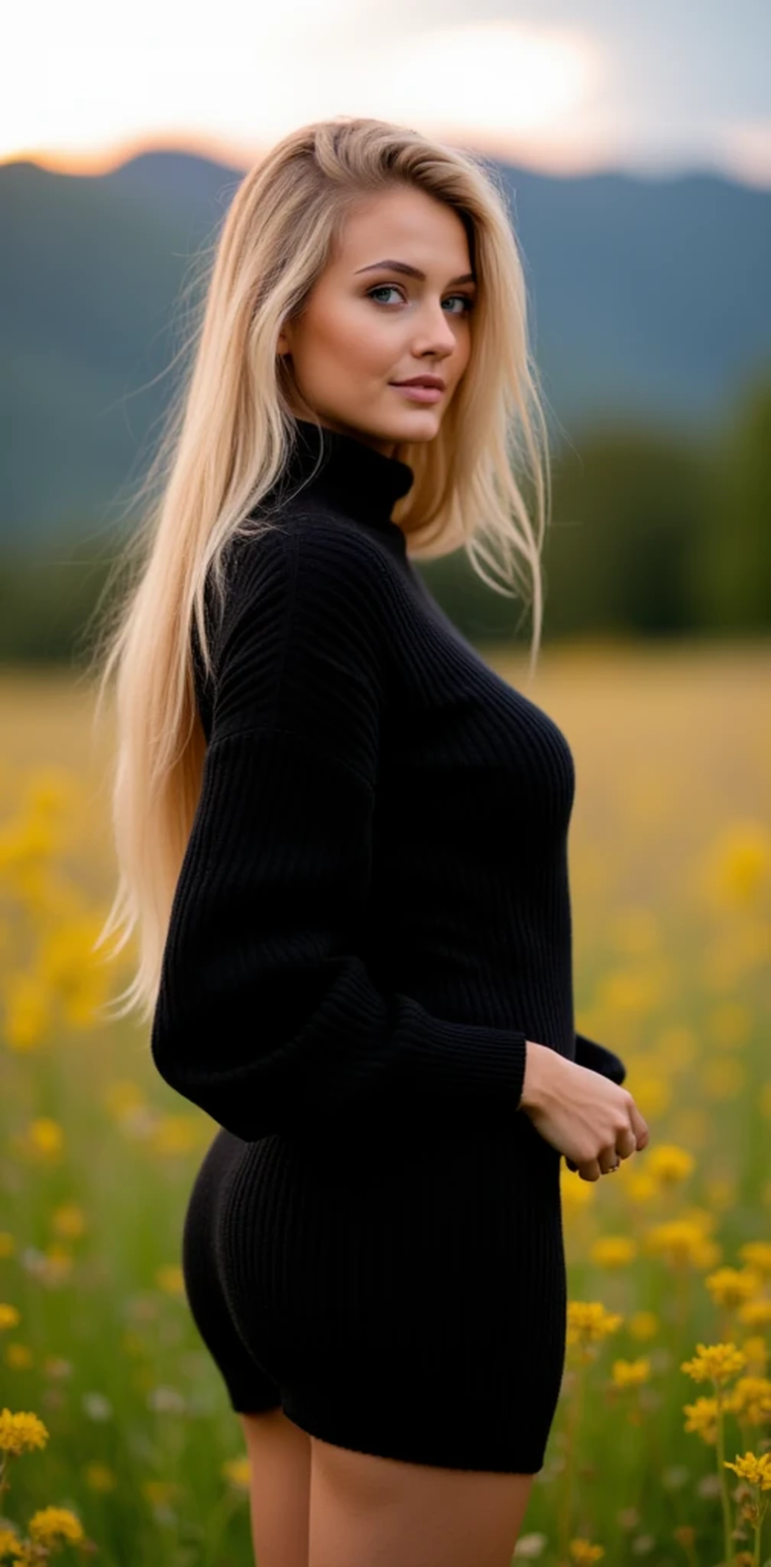 (( masterpiece)), (( best quality)), ( high quality), ultra high resolution, ( high detail), (( intricate detail d)), A girl, solo girl, better lighting , side lighting , natural lighting , high dynamic range , beautiful and aesthetic , ( Perfect Body), (( narrow waist, wide hips)), sexy smile, watching the viewer, detailed face, shiny skin, Oily skin, adult girl, A girl, maduro, Big breasts, ( big breasts), nice ass, sexy body, The best anatomy , ((blonde, blonde long straight hair with bangs)), (Blue eyes), (( The mini turtleneck sweater dress , Long Sleeve Black Sweater Dress , dressed in a thick sweater , One-Piece Dress High Neck Sweater Long Sleeves)), standing, seductive, little smile , sexy smile, realistic lighting, exterior, afternoon, ((Meadow full of flowers )), (( beautiful landscape , views of the sky and the mountains , red sky in the afternoon, realistic background)), Detail of the face , The best background , (( detailed background)), ((background realistic)), 8K, 16K, the best resolution , Ultra-high detail, The best picture, The best picture, Detail of the face , Detail of hands, (Detail of arms), (( detailed anatomy)), The best anatomy , perfect anatomy, (finger detail ), finger detail s, Nail detail, Detail of the body, Detalle standingrnas, the best face ratio , The best weapons, (((from side))), Best Hand Ratio , the best fingers, The best nails , , perfect nails, Nail detail, the best navel , The best model , (( Increase the quality )), all , intricate detail , the best position of proportion , the arms with the best proportion , the best proportion of fingers , The nails with the best proportion , fingers realistic, nail realistic, arms realistic, legs realistic, detailed anatomy, looks at the viewer , (realistic:1.3), photorealistic, photo, Ultra detailed and intricate , perfect all proportion , sexy pose, absurd resolution, HDR-10, arrange , film , deluxe, HIRES-Fix, elegant, The best picture, realistic visual,