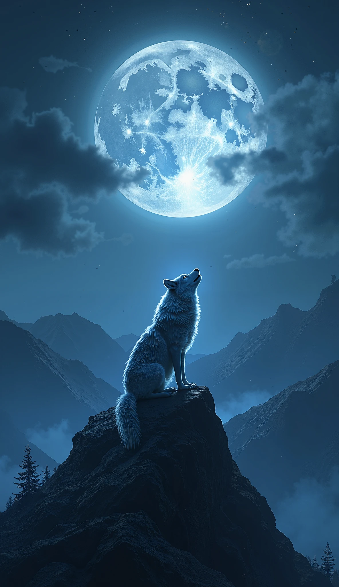 There is a wolf sitting on a rock looking at the moon - SeaArt AI
