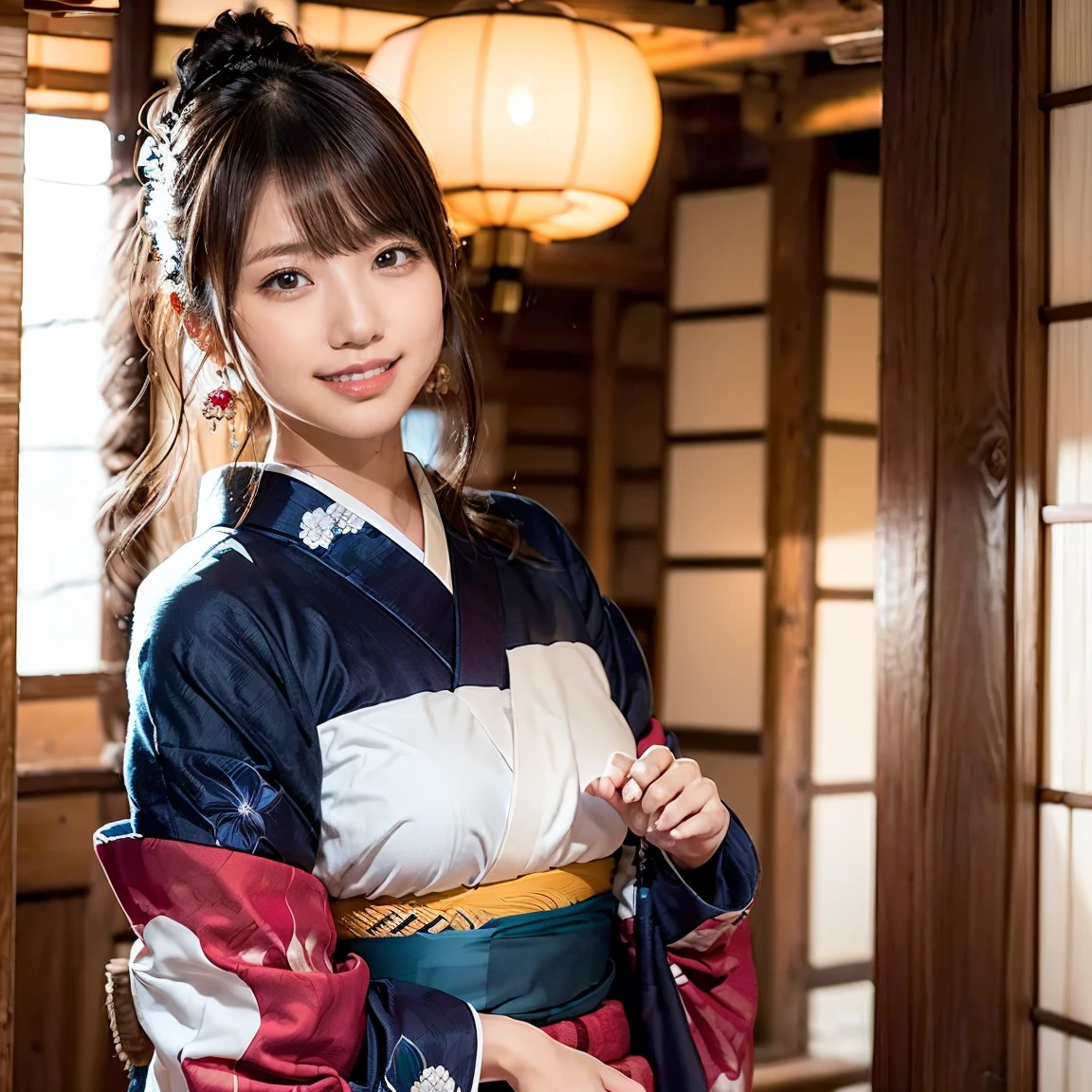 ((oiran woman)),(top-quality、8K、32K、masterpiece、超A high resolution、nffsw:1.3)、(Japan idol:1.3)、1girl in、(cute tits)、((extremely cute breasts)),(short-hair)、abdominals、the perfect body、,((oiran woman)), Delicate facial features, Ultra-realistic, Hyper-realistic, clavicle、Shadow、octan render、((maikurobikini)),((Wear a beautiful kimono with a high degree of exposure)),hyperdetailed face、Detailed lips、finely eye、double eyelid、(Enchanting)、((agitation:1.5))、maikurobikini、、、((Female ninja)),Kunoichi Ninja、、Mystical expression、shrine background、Old Town of Japan、((heavy breasts)),Toostock、mecosuji、Kimono with colorful floral pattern、highcontrast、(((Brightly colored kimono))), small breasts、,flicker、(Kimono comes off:1.2)、(arms at side down), Smile shyly, smile with a smile,