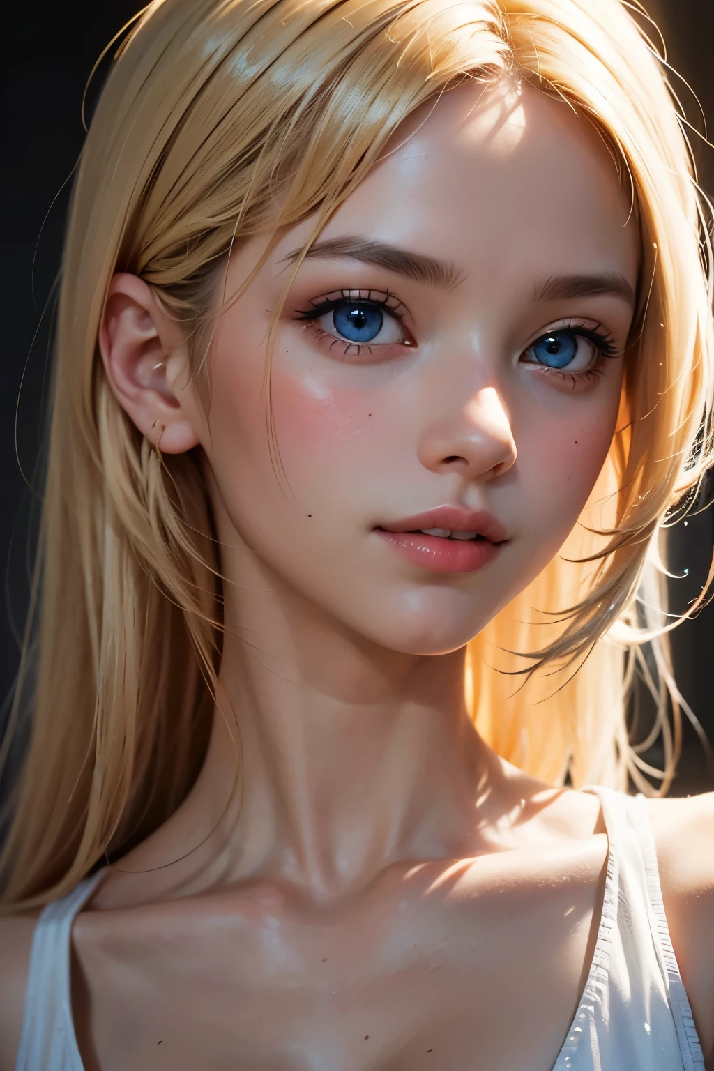 1 girl、porate、Student clothes、blue-sky、Bright and very beautiful face、年轻, shiny white shiny skin、Best Looks、Blonde hair with dazzling light reflection、Beautiful platinum blonde hair is super long silky straight shiny、Long bangs、Very beautiful 17 year old、Big eyes that shine crystal clear light blue、Beautiful cute beautiful girl