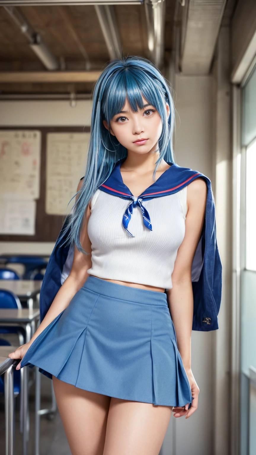 Sheer tank top、Transparent nipples、Big Tits、See-through underwear、pantyhose/stockings、Leaning forward、classroom、School、Blue Hair