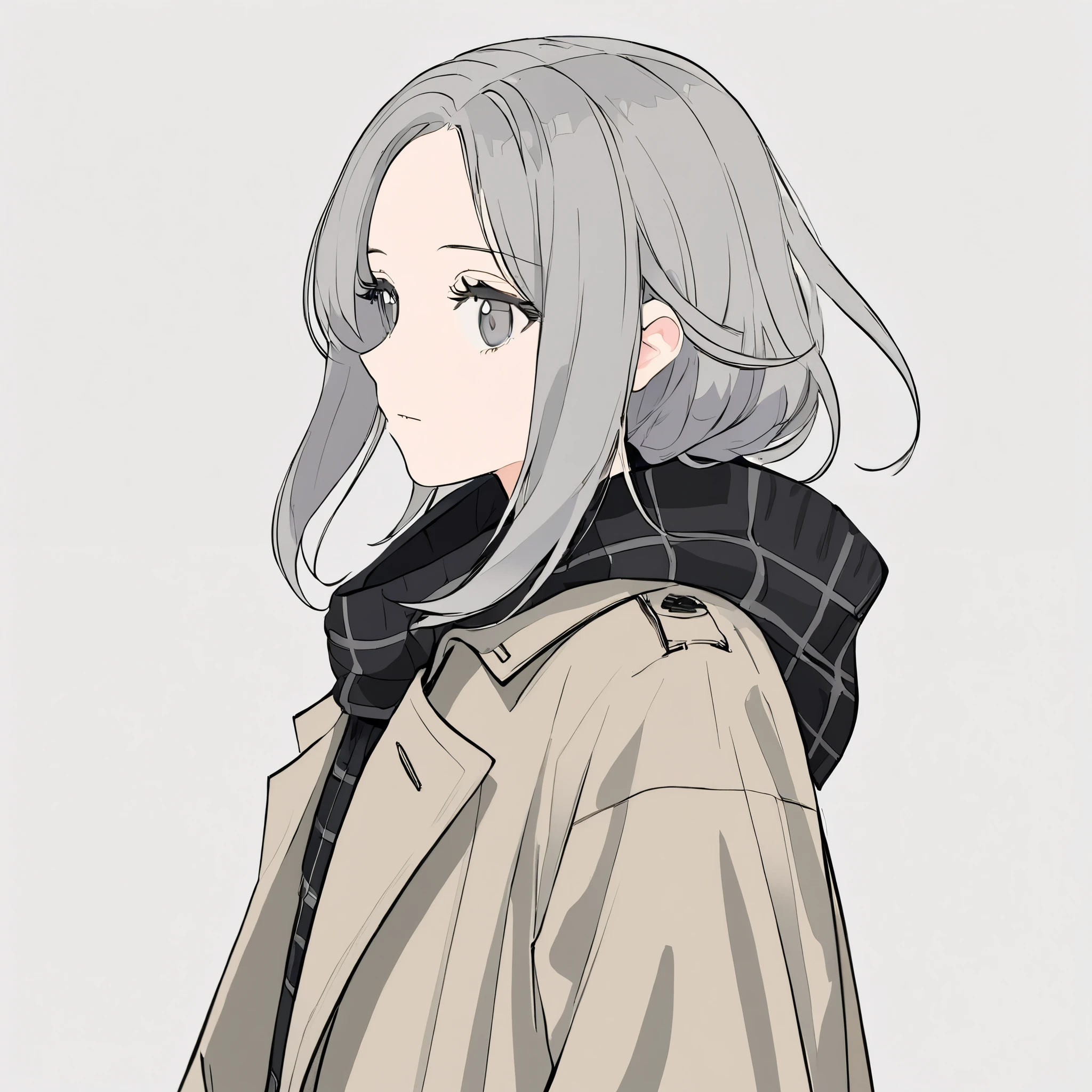 masterpiece, Best Quality ,1 Girl, alone, (纯白background1::5),Drawing style,Half body , is blank and takes up a large area,A girl,Gray shoulder-length hair,Short braids, grey eyes , long grey hair ,Flat-coated style,Western European style,Flat-coated style,exist_ Viewer , simple _background, white _background, gray plaid trench coat , black scarf,A firm look, pale skin,Profile