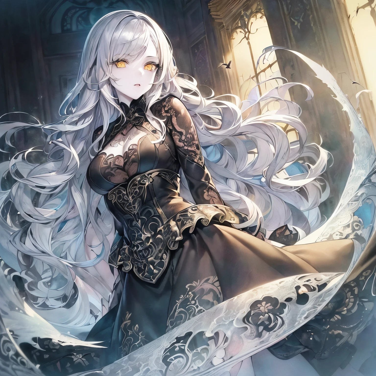 fine illustration,ultra detailed,highres,from below,cool beauty,gramer woman, cute pose,gothic_ dress,silver_glistening long hair, queen, world, crystals flowers,detailed ???????? with glittery kaleido decoration, detailed layered skirt, detailed embroidery, extremely layered frills, detailed texture, detailed pattern,slender and beautiful legs,