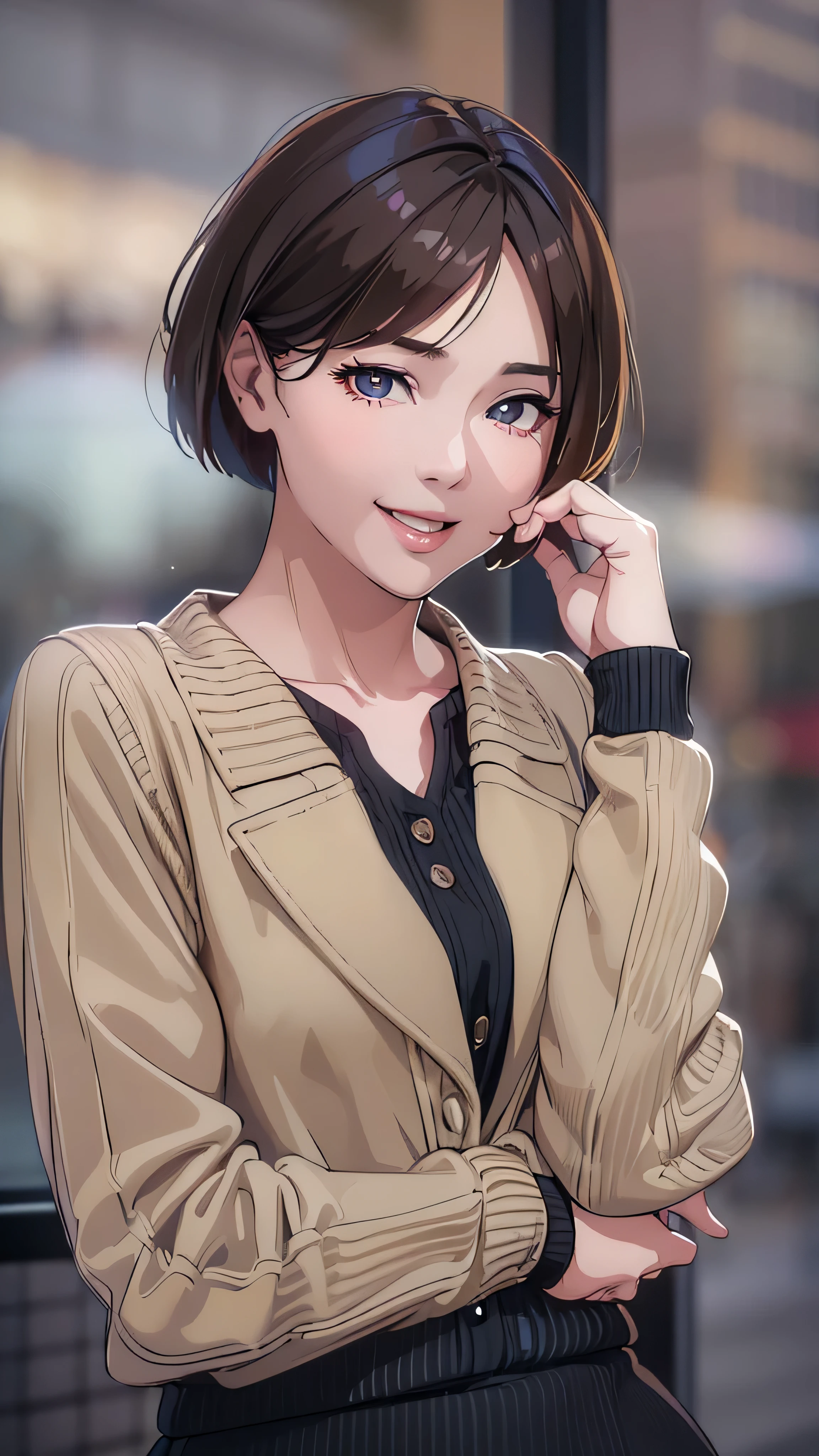 in high definition,(((New York street corner)))、((( brown, Shoulder length, straight short bob taken by someone)))、((( I can see the New York skyline in her background、 pose like a model at a beauty salon 。Full body high definition image.)))、(Casual black long sleeve winter clothing)))、 18 year old girl、Full body high definition image、light eye makeup、 brown Hair Color、 flat at honny 、 on the tip of the nipple、 Face Details 、Sparkling、 Ultra Realistic Faces 、 Smile Face、Bloodshot eyes、 looks up、Subtle Lighting Effects 、 must always have a uniform tone、 use natural light and color、High quality classic images taken by a model agency' exclusive photographer