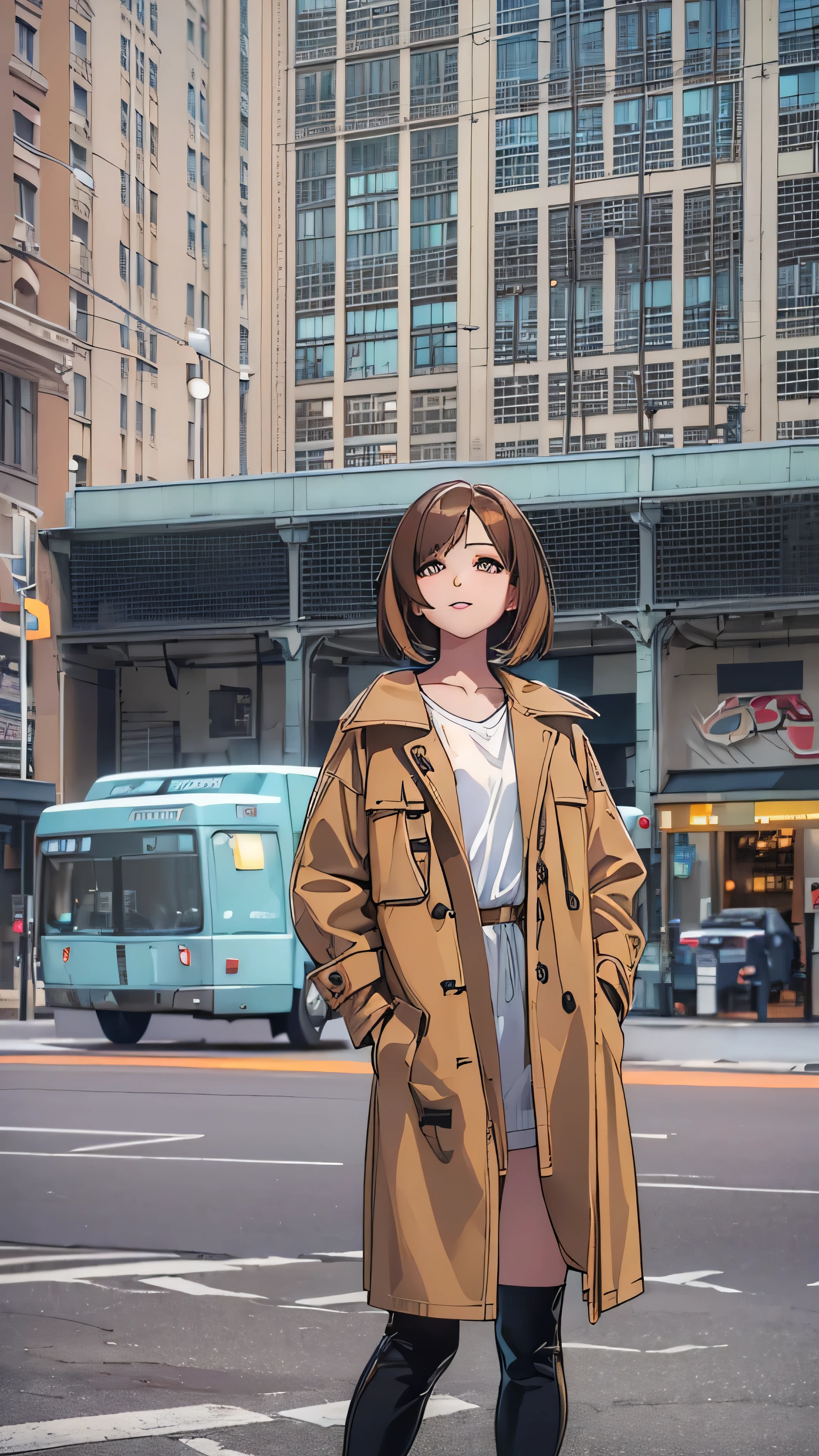 in high definition,(((New York street corner)))、((( brown, Shoulder length, straight short bob taken by someone)))、((( I can see the New York skyline in her background、 pose like a model at a beauty salon 。Full body high definition image.)))、(Casual black long sleeve winter clothing)))、 18 year old girl、Full body high definition image、light eye makeup、 brown Hair Color、 flat at honny 、 on the tip of the nipple、 Face Details 、Sparkling、 Ultra Realistic Faces 、 Smile Face、Bloodshot eyes、 looks up、Subtle Lighting Effects 、 must always have a uniform tone、 use natural light and color、High quality classic images taken by a model agency' exclusive photographer