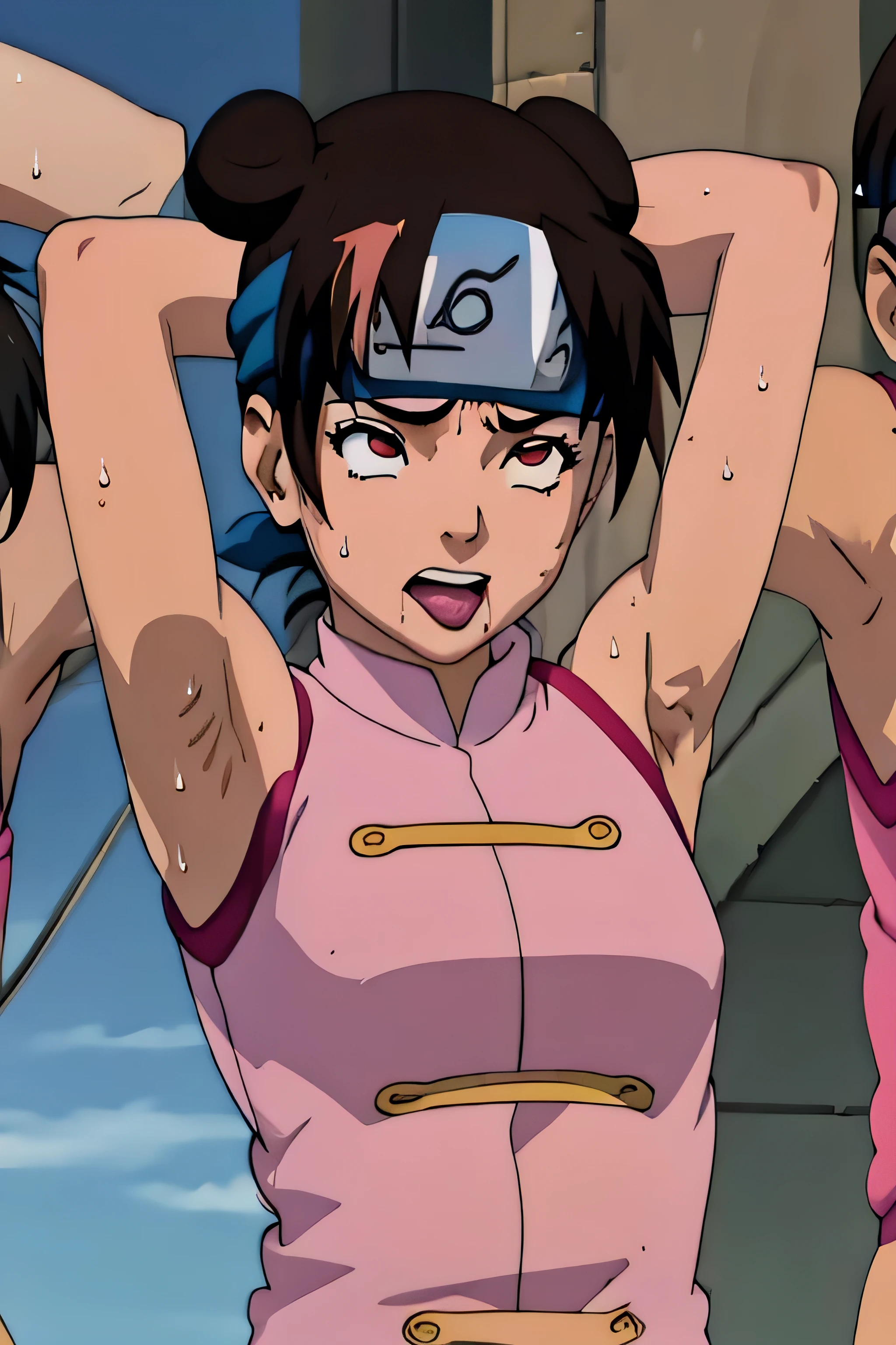 Tenten,human woman.with brown eyes and pink clothing. Her hair is long and brown in color; She is beautiful. Fair skin.Tsundere face. Pink eye shading,mature appearance,armpits,sweat,sweaty,sweaty armpits,arms up,showing armpits,awesome armpits,tongue