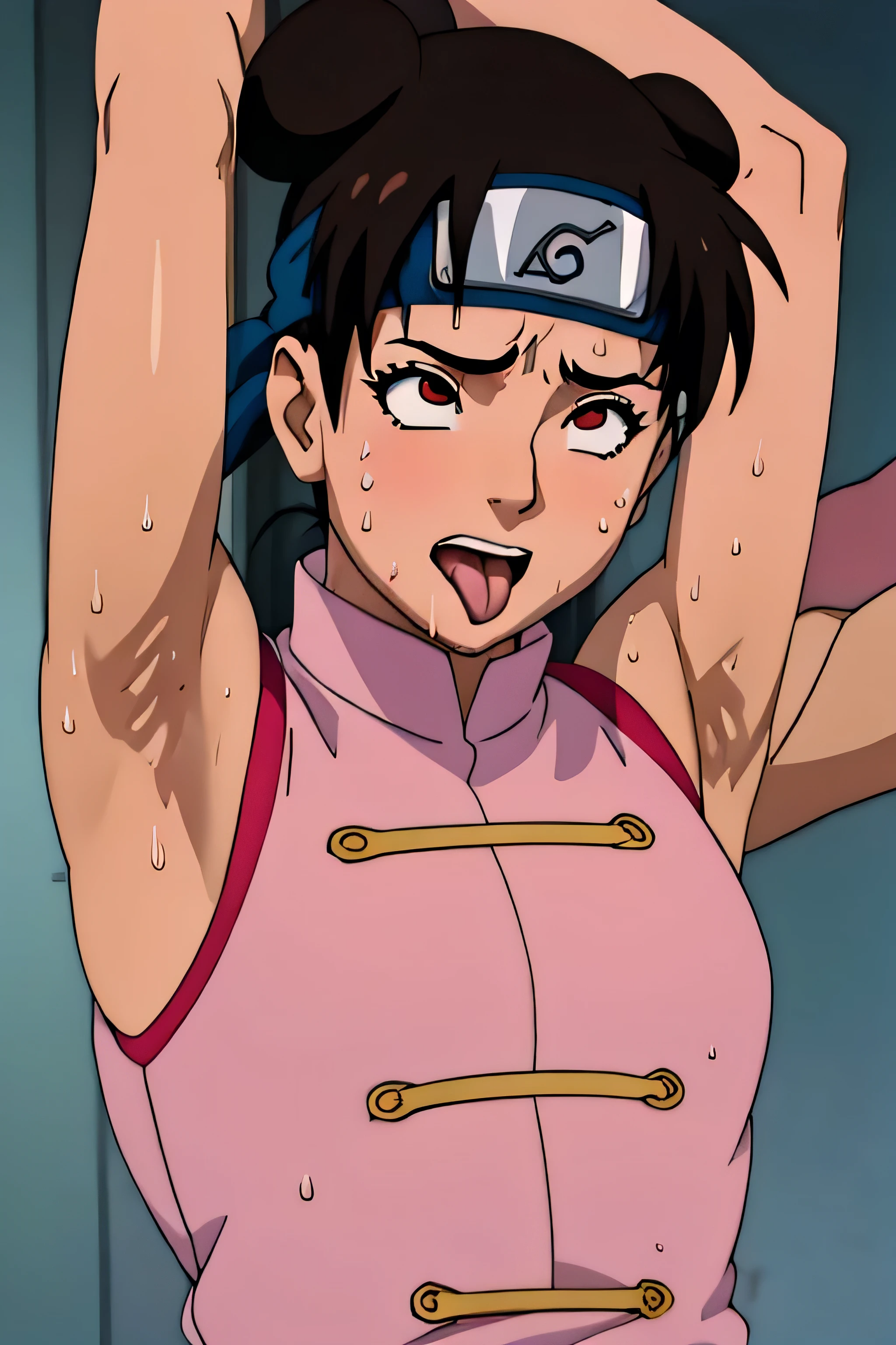 Tenten,human woman.with brown eyes and pink clothing. Her hair is long and brown in color; She is beautiful. Fair skin.Tsundere face. Pink eye shading,mature appearance,armpits,sweat,sweaty,sweaty armpits,arms up,showing armpits,awesome armpits,tongue