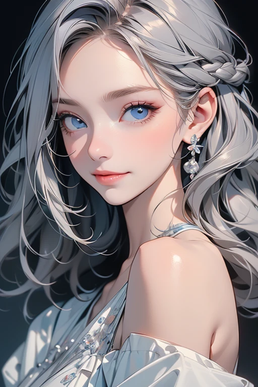 Girl with gold earrings in the style of vray tracing, Then Martin, Famous, Poured, close, Dark white and gold, Speed Painting, masterpiece, Highest quality,Ultra delicate、Simple Background
