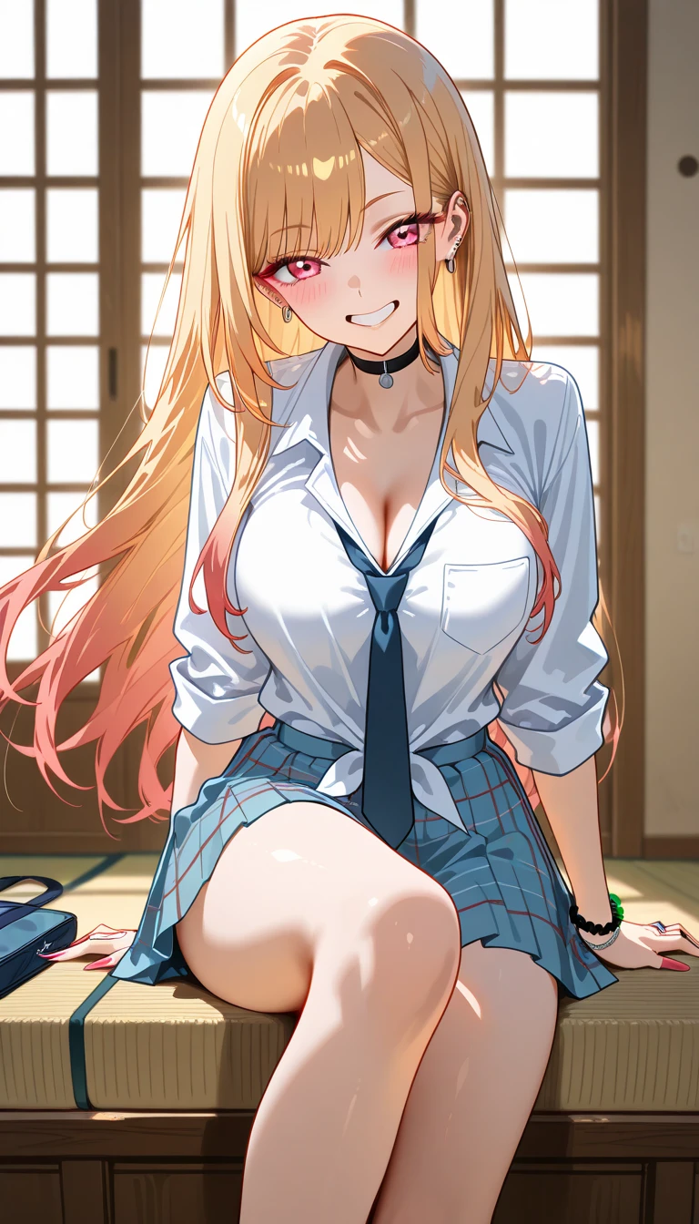 (masterpiece:1.5)、(highest quality:1.5)、(8K:1.2)、(Super detailed:1.2)、(photorealistic:1.2)、(ultra high resolution:1.2)、(Highly detailed and realistic skin:1.2)、(Very detailed and clean sharp eyes:1.2)、(On the tatami in the Japanese-style room of an inn:1.5)、(doing intense masturbation:1.6)、(spread your legs:1.5)、(Overflowing love juice:1.3)、break、(18 year old woman with slender figure:1.2)、(beautiful eyeliner)、(beautiful eyeshadow)、natural color lip、break、(school white long sleeve shirt:1.4)、break、(Long straight blonde hair that covers one eye:1.2)、break、small beautiful breasts、cleavage、(School navy blue super miniskirt:1.4)、break、(black pantyhose:1.5)、(slender beautiful legs:1.2)、(open mouth smile:1.2)、(ecstasy:1.5) ,(slut:1.0),(vulgarity:1.0),(fucked silly:1.0),(steam:1.2),(trembling:2.0),(tears:1.0) ,(drooling:1.1),(sweat:1.3),(spoken heart:1.4)、