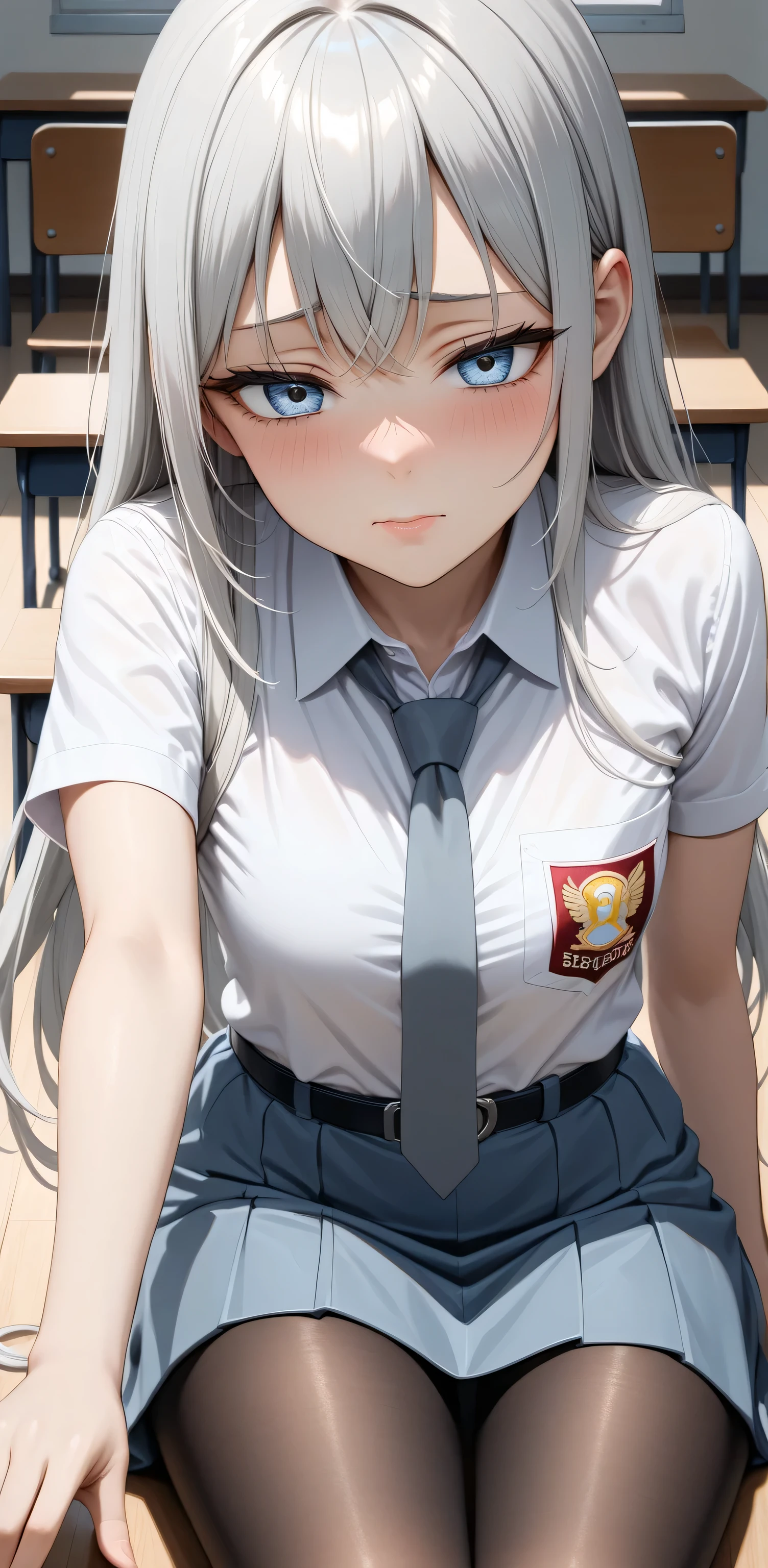 Random Sexy pose , ((Ultra detailing)), (very aesthetic, best quality, ultra detailed), intricate details,
1girl, silver hair, silver eyes,((Detailed eyes)), ((Beautifull eyes)), ((prefect eyes)), sharp jawline, long hair, shy, Licking her lips, Blush ,Wearing sma shirt, Gray tie, Gray Skirt, Belt, Pantyhose, Sit down, class room,
