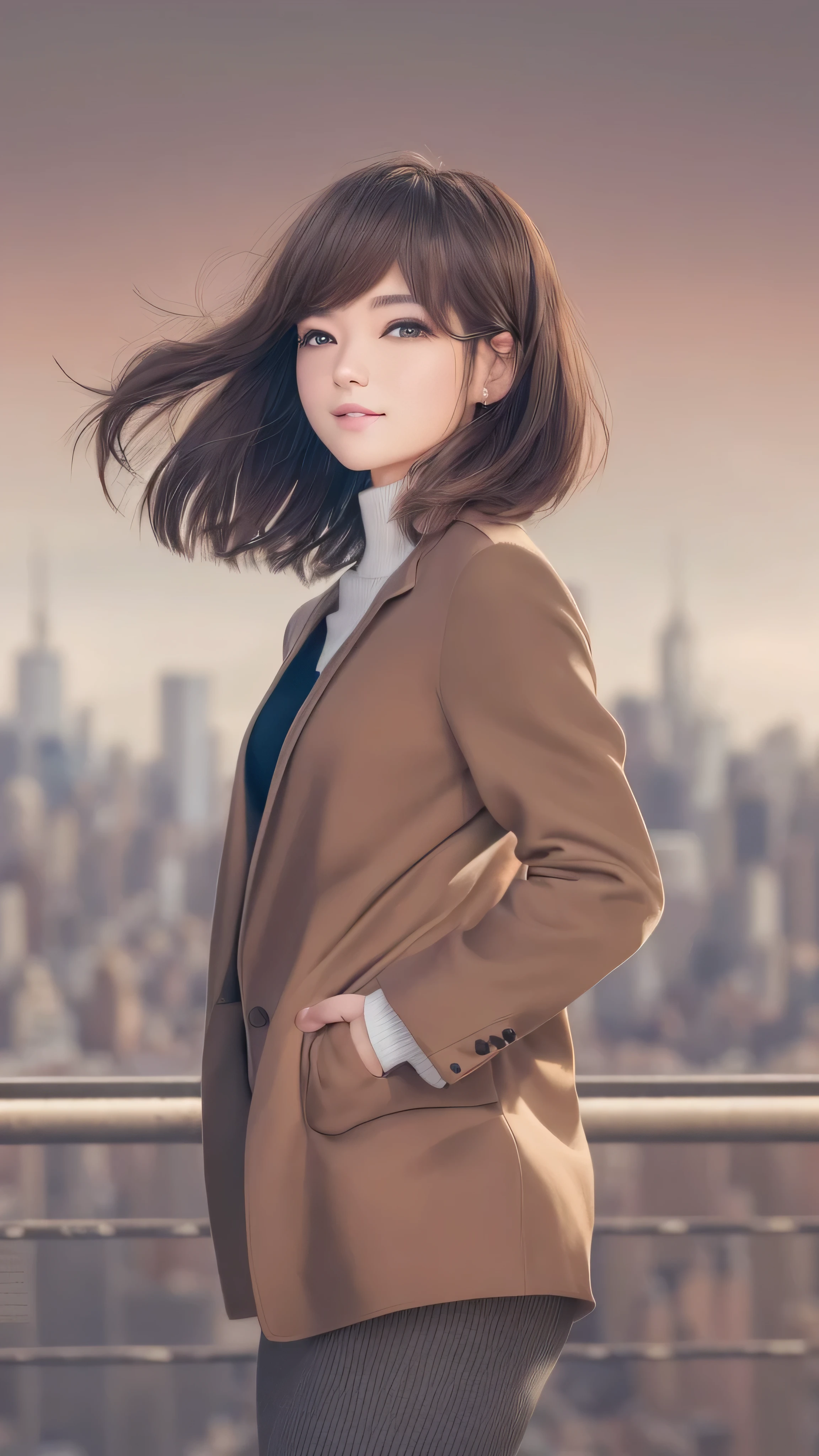 in high definition,(((High quality classic images taken by )))、((( brown, Shoulder length, straight short bob taken by someone)))、((( I can see the New York skyline in her background、 pose like a model at a beauty salon 。Full body high definition image.)))、(Casual black long sleeve winter clothing)))、 18 year old girl、Full body high definition image、light eye makeup、 brown Hair Color、 flat at honny 、 on the tip of the nipple、 Face Details 、Sparkling、 Ultra Realistic Faces 、 Smile Face、Bloodshot eyes、 looks up、Subtle Lighting Effects 、 must always have a uniform tone、 use natural light and color、 model agency on the side of Manhattan Bridge in New York's 'exclusive photographer