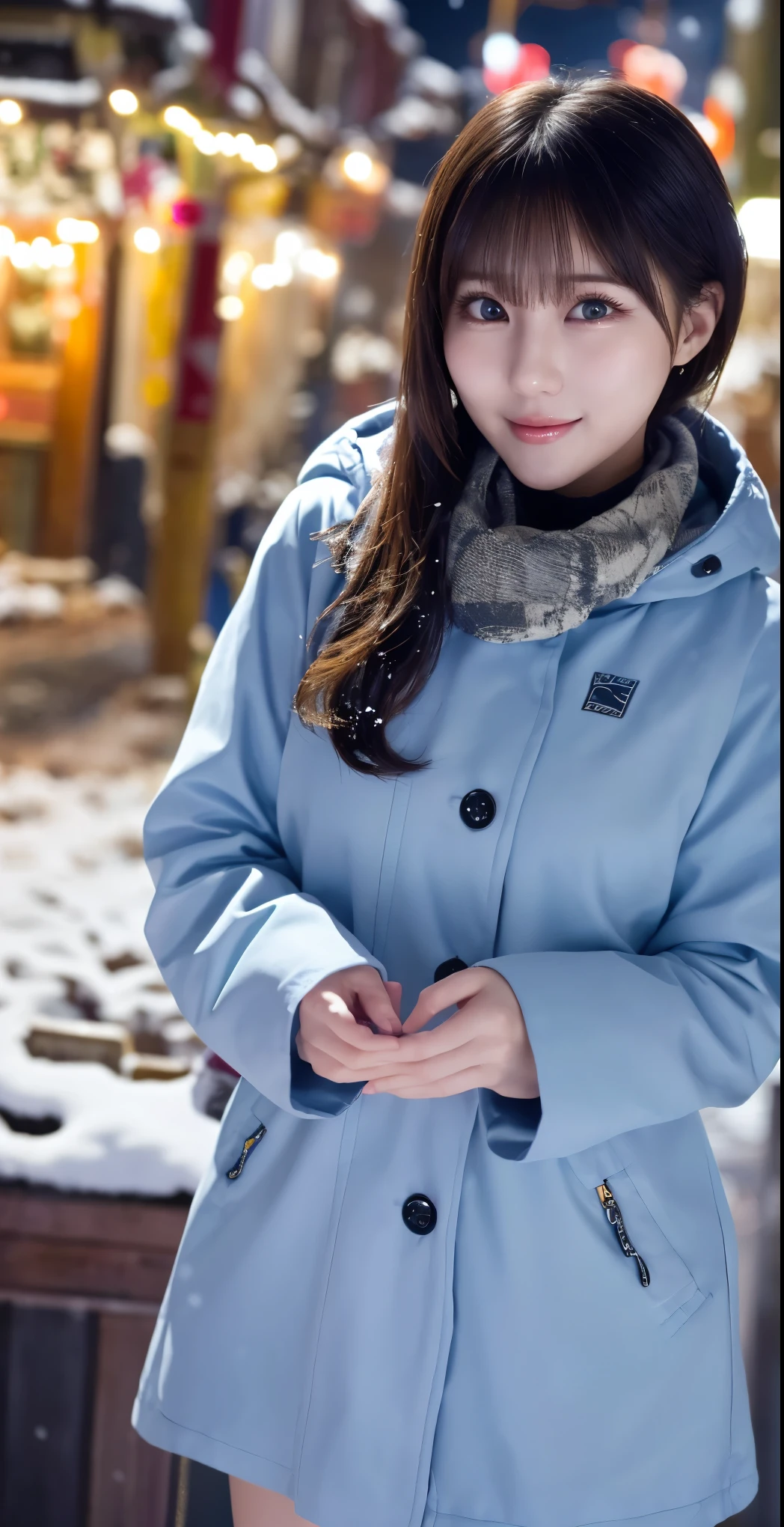   1 girl, (Wear ski wear:1.2), (   in a loop  ,   top quality of talks), ( exist,   photorealistic  :1.4), masterpiece, ((  Knee-length shots  )),   so delicate and beautiful,  Extremely detailed outdoor , 2k wallpaper,  wonderful,   in detail,    highly detailed CG Unity 8K wallpaper   ,   Super Detail,   high resolution, Soft light,    Beautiful detailed girl in a tall blue trench coat  ,    very sophisticated eyes and face  ,   beautiful detailed nose,   beautiful detailed eyes,    cinematic lights grab his body ,   Light that colors the city on a snowy night  ,   Snow Scenery  ,   It's Snowing  , There&#39;Snow in your hair ,   perfect anatomy,   slender body, I was nervous., 
    Straight semi-long hair    , bangs,   Viewer, smile