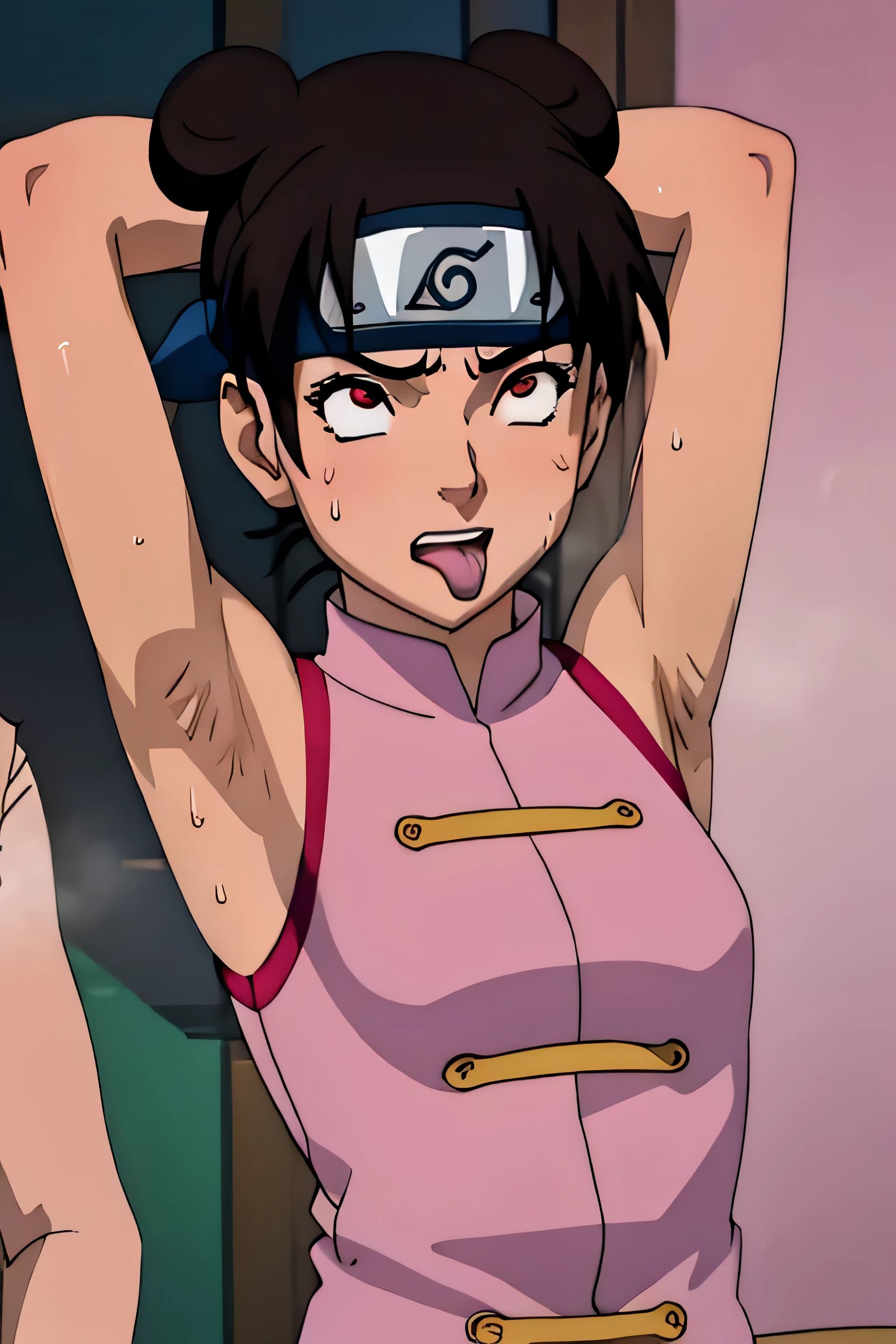Tenten,human woman.with brown eyes and pink clothing. Her hair is long and brown in color; She is beautiful. Fair skin.Tsundere face. Pink eye shading,mature appearance,armpits,sweat,sweaty,sweaty armpits,arms up,showing armpits,awesome armpits,tongue