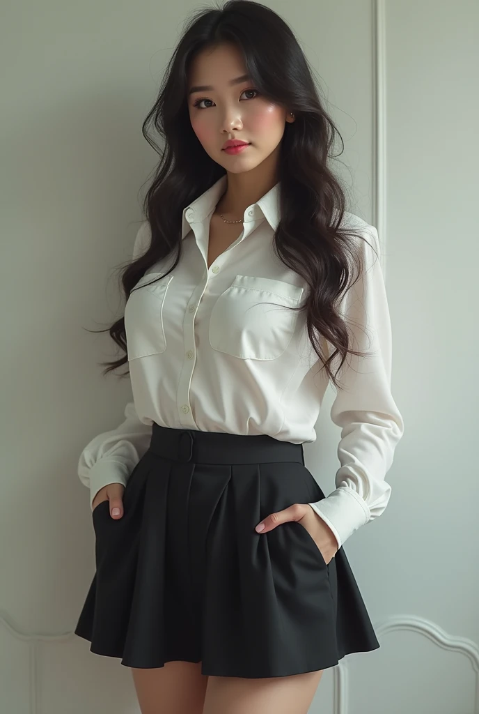 This beautiful teacher wore a simple and elegant white shirt with a pair of black slim trousers, showing her tall figure and graceful curves. Her long hair was shawl, slightly curly, and gave off a faint fragrance. Her facial features are delicate, her eyes are bright and spirited, her eyebrows are slender and natural, her lips are rosy and sexy, and her face is round and smooth.