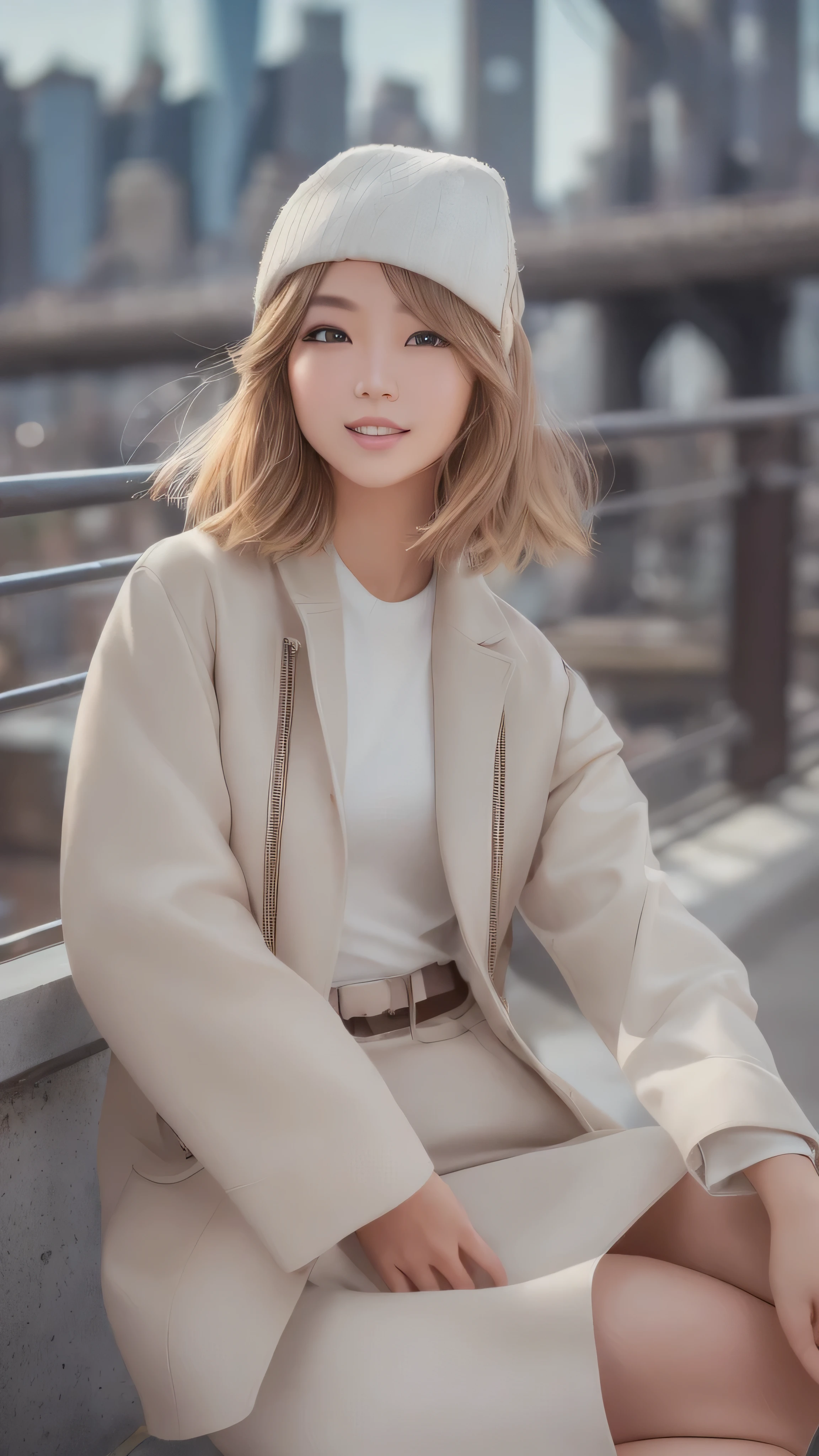 in high definition,(((High quality classic images taken by )))、((( brown, Shoulder length, straight short bob taken by someone)))、((( I can see the New York skyline in her background、 pose like a model at a beauty salon 。Full body high definition image.)))、(Casual black long sleeve winter clothing)))、 18 year old girl、Full body high definition image、light eye makeup、 brown Hair Color、 flat at honny 、 on the tip of the nipple、 Face Details 、Sparkling、 Ultra Realistic Faces 、 Smile Face、Bloodshot eyes、 looks up、Subtle Lighting Effects 、 must always have a uniform tone、 use natural light and color、 model agency on the side of Manhattan Bridge in New York's 'exclusive photographer