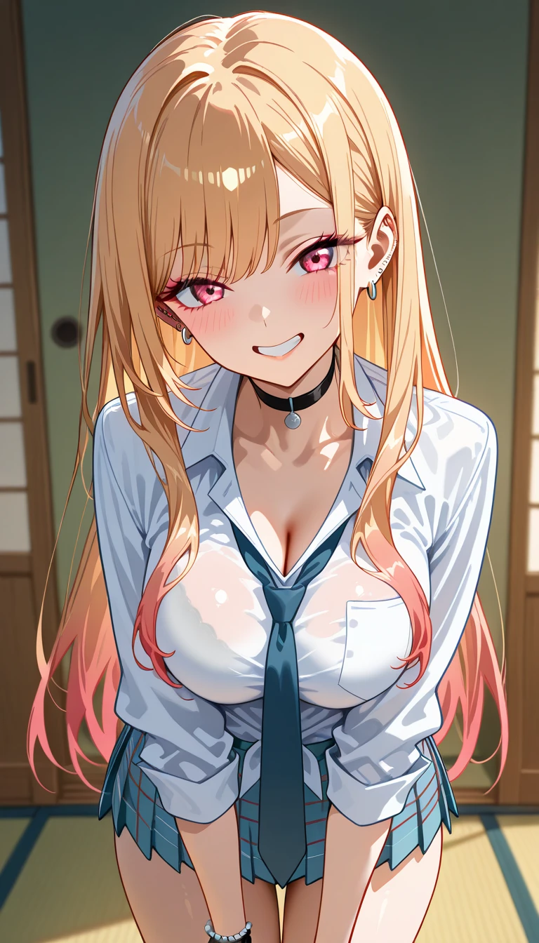 marinkitagawa, marin kitagawa, blonde hair, choker, ear piercing, earrings, long hair, piercing, (red eyes:1.5), straight hair, swept bangs,
BREAK (((large naked breasts with nipples))), ((beautiful breasts and vagina)), ((perfect vagina and breasts)),
BREAK indoors, classroom,
BREAK looking at viewer, 
BREAK (masterpiece:1.2), best quality, high resolution, unity 8k wallpaper, (illustration:0.8), (beautiful detailed eyes:1.6), extremely detailed face, perfect lighting, extremely detailed CG, (perfect hands, perfect anatomy),