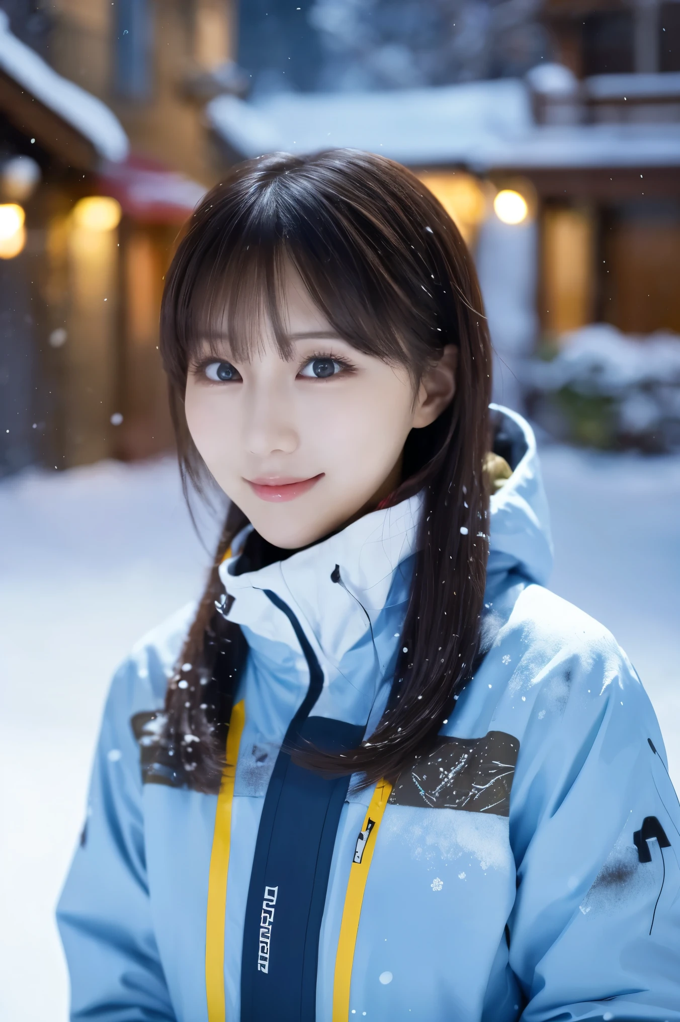 1 girl, (Wear ski wear:1.2), ( in a loop , top quality of talks), ( exist, photorealistic :1.4), masterpiece, (( Knee-length shots )), so delicate and beautiful, Extremely detailed outdoor , 2k wallpaper, wonderful, in detail, highly detailed CG Unity 8K wallpaper , Super Detail, high resolution, Soft light, Beautiful detailed girl in a tall blue trench coat , very sophisticated eyes and face , beautiful detailed nose, beautiful detailed eyes, cinematic lights grab his body , Light that colors the city on a snowy night , Snow Scenery , It's Snowing , There'Snow in your hair , perfect anatomy, slender body, I was nervous.,
Straight semi-long hair , bangs, Viewer, smile