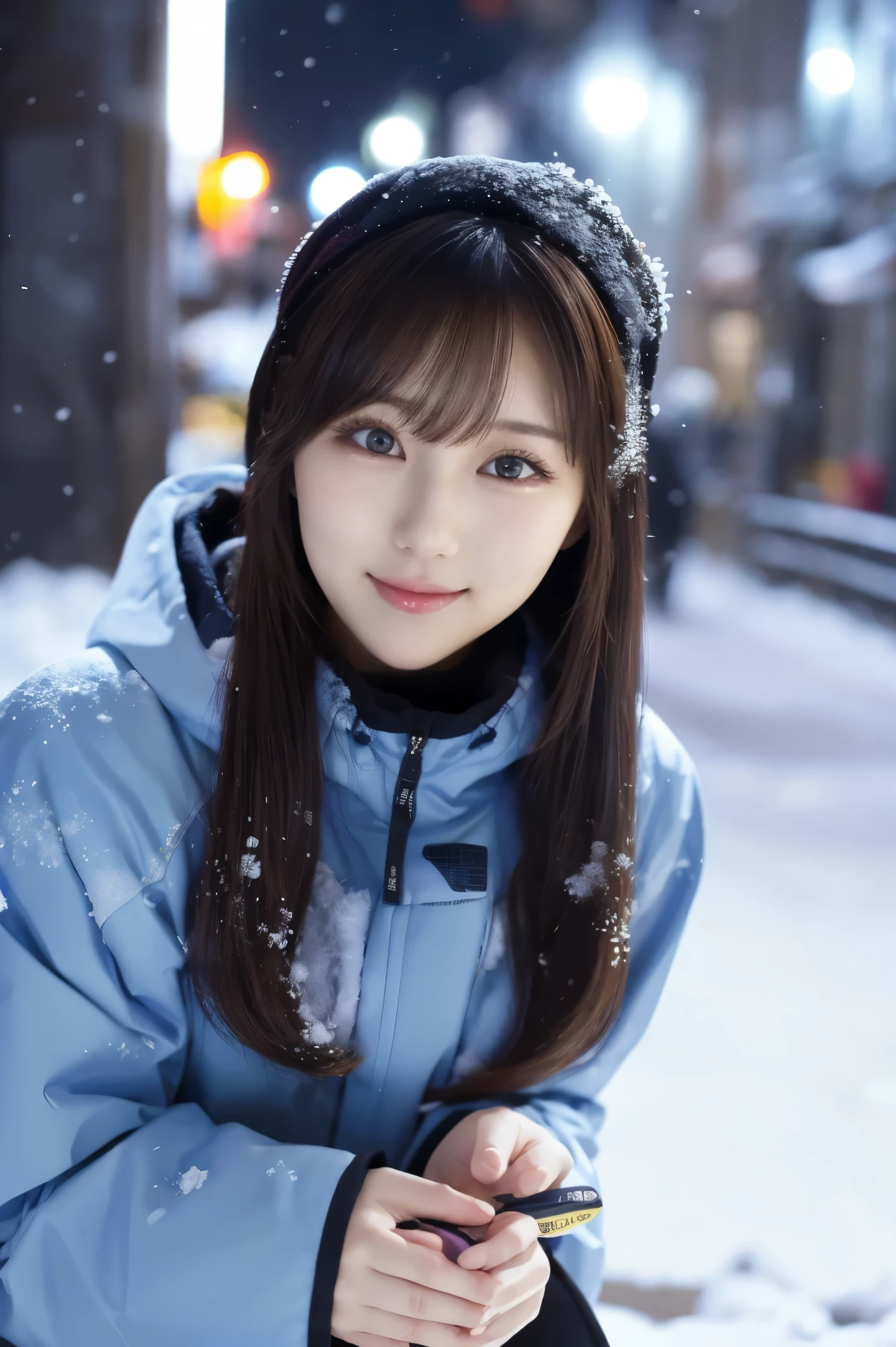 1 girl, (Wear ski wear:1.2), ( in a loop , top quality of talks), ( exist, photorealistic :1.4), masterpiece, (( Knee-length shots )), so delicate and beautiful, Extremely detailed outdoor , 2k wallpaper, wonderful, in detail, highly detailed CG Unity 8K wallpaper , Super Detail, high resolution, Soft light, Beautiful detailed girl in a tall blue trench coat , very sophisticated eyes and face , beautiful detailed nose, beautiful detailed eyes, cinematic lights grab his body , Light that colors the city on a snowy night , Snow Scenery , It's Snowing , There'Snow in your hair , perfect anatomy, slender body, I was nervous.,
Straight semi-long hair , bangs, Viewer, smile