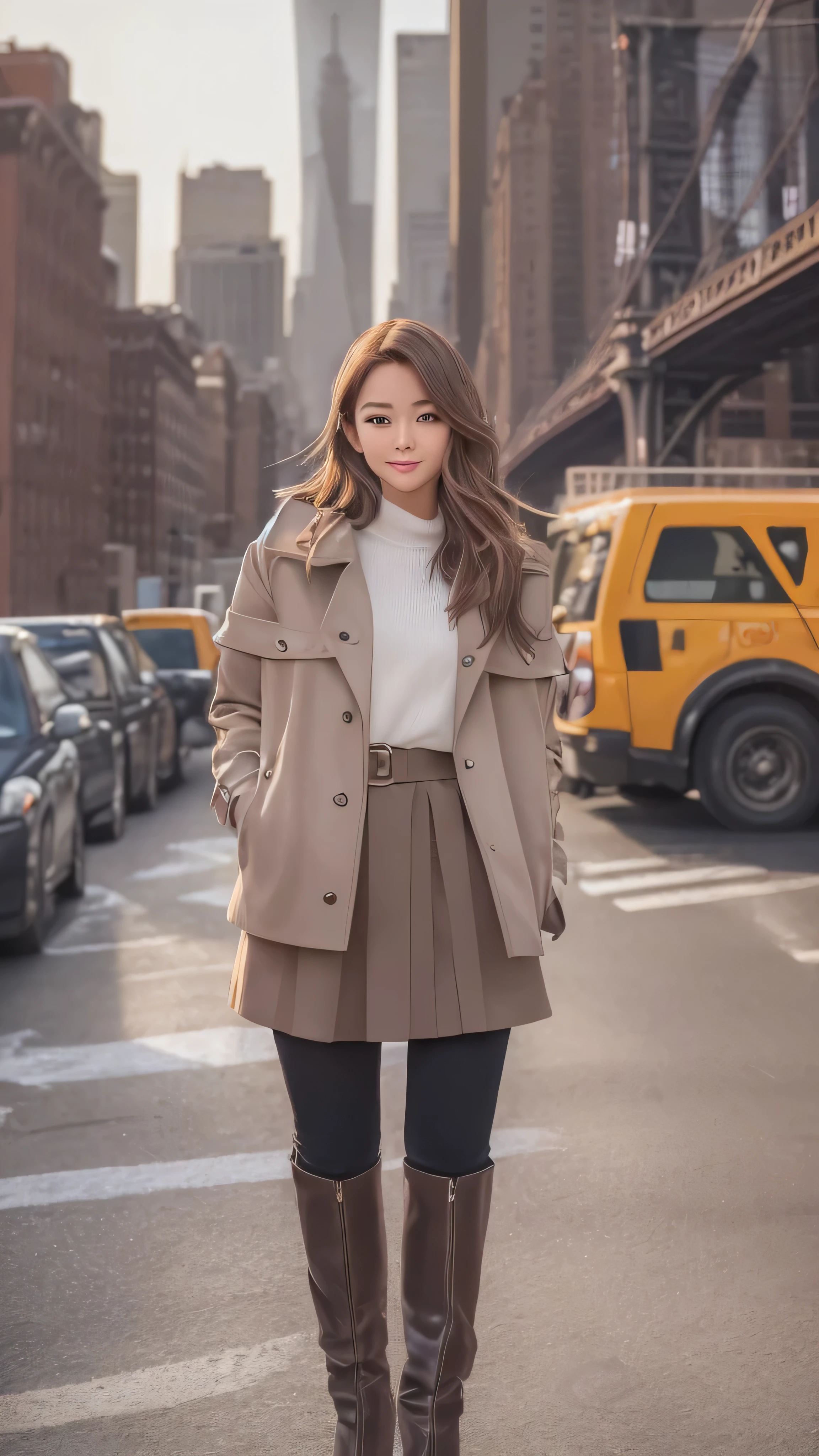 in high definition,(((High quality classic images taken by )))、((( brown, Shoulder length, straight short bob taken by someone)))、((( I can see the New York skyline in her background、 pose like a model at a beauty salon 。Full body high definition image.)))、(Casual black long sleeve winter clothing)))、 18 year old girl、Full body high definition image、light eye makeup、 brown Hair Color、 flat at honny 、 on the tip of the nipple、 Face Details 、Sparkling、 Ultra Realistic Faces 、 Smile Face、Bloodshot eyes、 looks up、Subtle Lighting Effects 、 must always have a uniform tone、 use natural light and color、 model agency on the side of Manhattan Bridge in New York's 'exclusive photographer