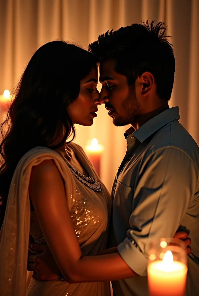 indian man and woman, they are cousins, they are having a discreet relationship, they meet in a secret room and have sex, man removes her shirt, she shows nice cleavage, dim light, dusty room, large windows, faint light on them, yellow street light leak inside the room, extremely romantic scene