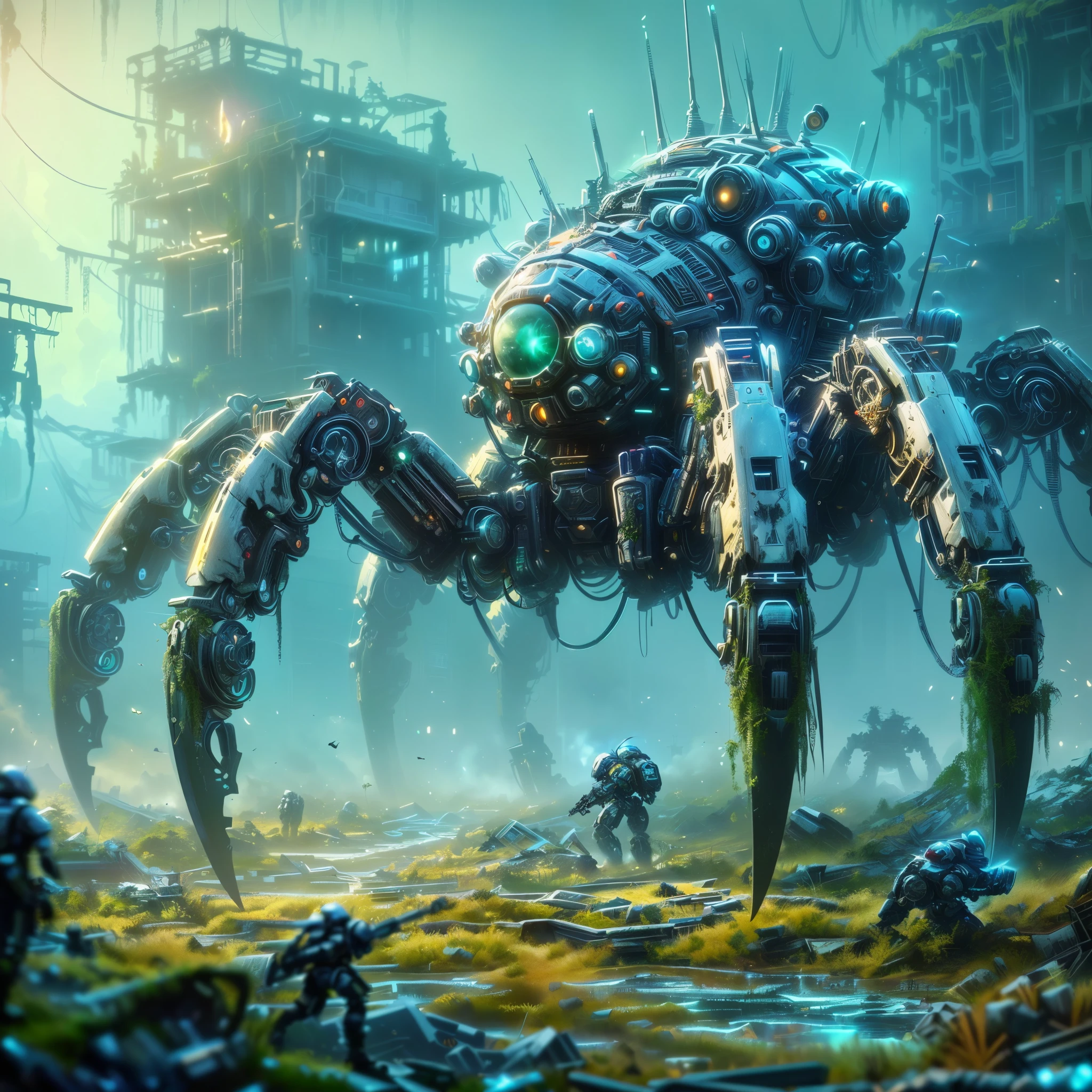  Warhammer 40k , science fiction ,  with weaponized military robot spiders 、 glass body parts and internal structures visible ,  patrol a destroyed town overgrown with jungle ,  Super Detail,  vibrant colors,  Brilliant Contrasts , Oblique angle, floating particles, Calendar motifs , close-up of a giant spider with lots of legs, Amazing sci-fi concept art ,   Extremely Realistic Concept Art , Mysterious sci-fi concept art,  Beeple and Greg Rutkowski , 3D rendering beeple,  Greg Beeple ,  high-definition concept art ,  amazing screenshot art ,  Super Detailなコンセプトアート,  Ludwik Konarzewski Jr 