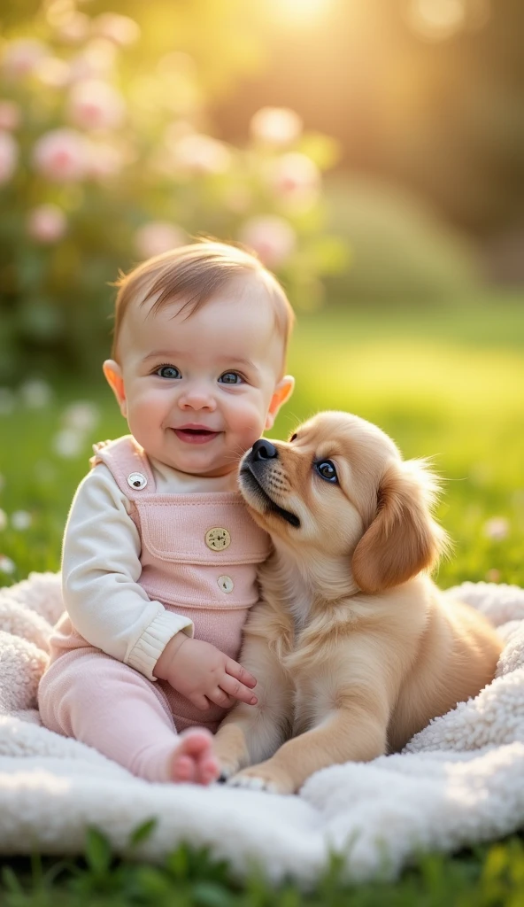 A cute baby sitting on a soft, cozy blanket in a sunlit garden - SeaArt AI