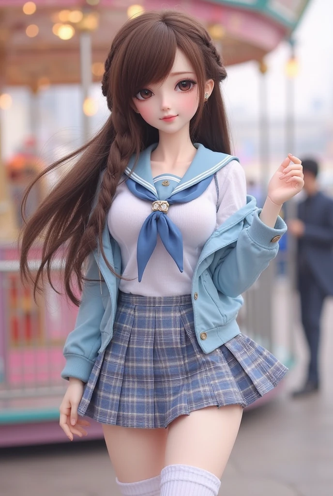 Doll、Doll、delicate、detailed、high quality、High resolution、4hair、high quality、long Hair、long hair、Brown Hair Color、Turquoise Eyes、uniform、high school student、Big Breasts、Sailor suit、Mini Pleated Skirt、Navy Blue Skirt、loose socks、Pure white panties、Shiny panty fabric、Wet crotch、Station platform、Boarding the train、Wet crotch、Mirror floor