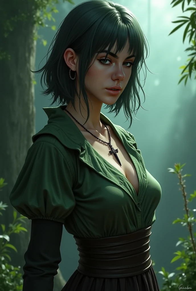 one white girl, bust, solo, upper body, very short shaved haircut, black eyes, black hair, choker, nsfw, (japanese clothes:1.3), huge breasts, open breasts, naked breasts, (one breast exposed:1.4), (one breast in clothes:1.3), one bare shoulder, masterpiece, highly detailed, look at viewer, (blured background, smoothed background, green sky background:1.3), evil face, angry face, (front view:1.2)
