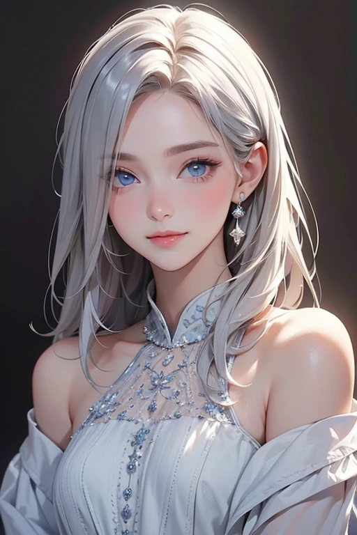 longeyelashes, Solid Circle Eyes, Ponytail, pink Silver hair, gray colored contact lenses, surrealism, anaglyph, stereograms, POV, Atmospheric perspective, 16K, Super Detail, ccurate, Best Quality,The shoulders have exposed skin,Very thin,Very small bust,