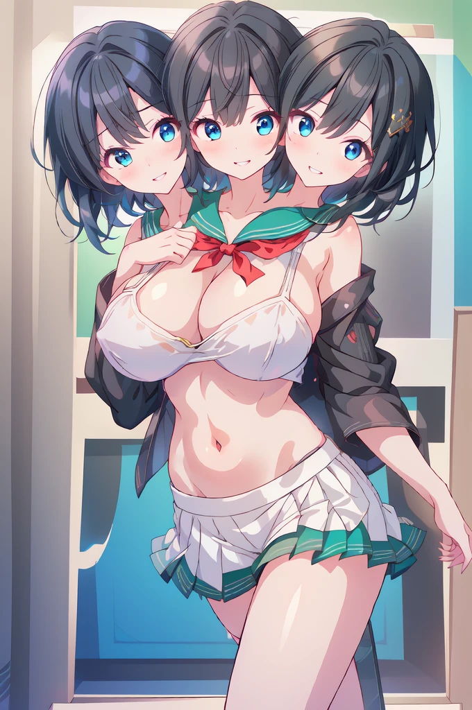 All three are completely bare-chested、Bare shoulders、Bare Chest、Highest quality、High resolution、Detailed Background、Cute  Girls、(Three Women:1.5)、Brown Hair、short hair、Cute hairstyle、Huge breasts:1.2、Sailor suit in bright colors、Navy Pleated Mini Skirt、White panties、White Bra、School Area、looks fun、Laugh playfully、smile、sexual expression、Panty shot、Camel Toe