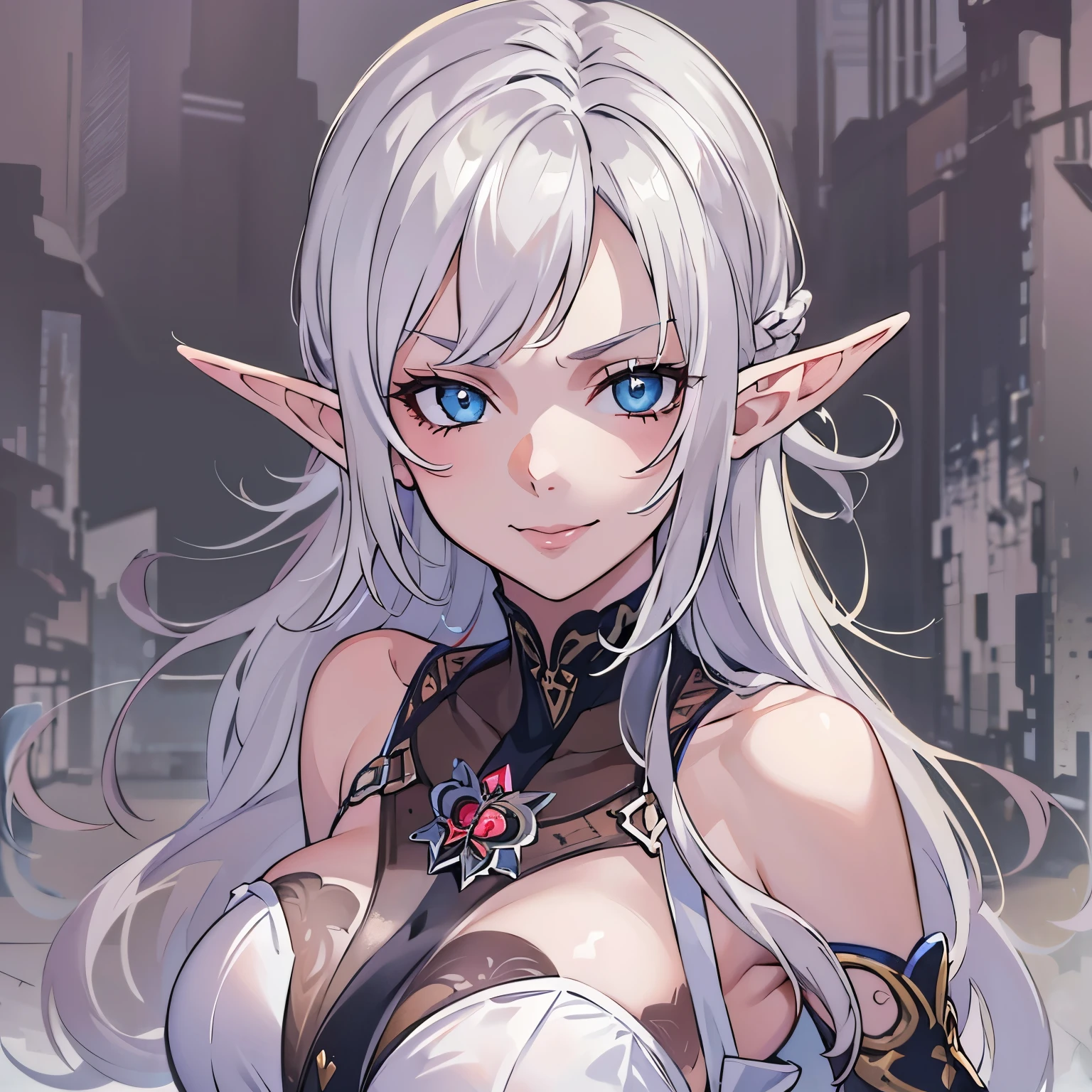 Anime Kawaii sexy Perfect Slim sensual body large breast and huge thighs, An intricate and highly detailed illustration of anime (Young girl). beautiful girl with pointed ears, blond hair, silver accessories, zipper unzipped, elegant, (best quality,4k,8k,highres,masterpiece:1.2),ultra-detailed,(realistic,photorealistic,photo-realistic:1.37),portrait,fantasy,cinematic lighting,dramatic colors,chiaroscuro,moody atmosphere