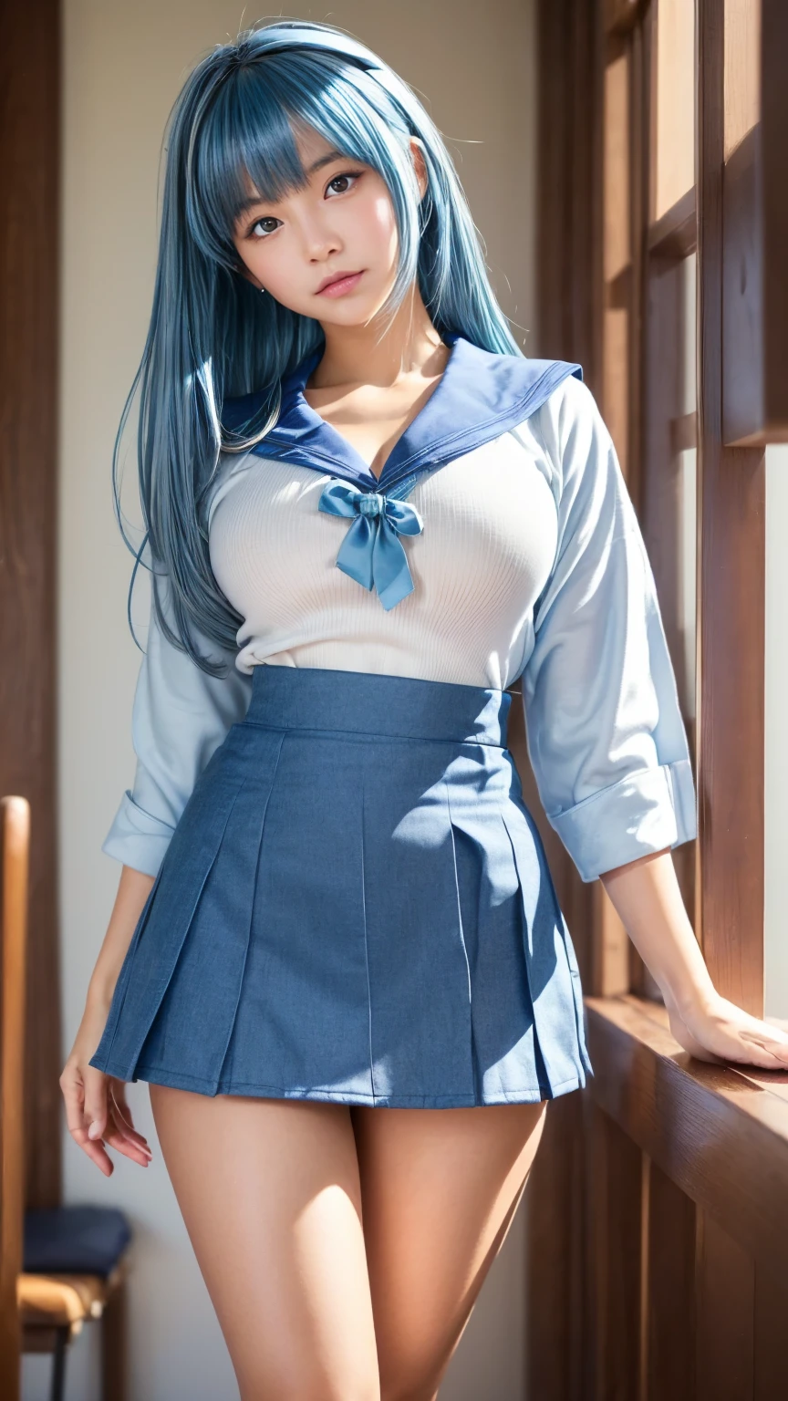 AGMM, 1girl, (Karol G, blue hair, Colored_Skin:1.2), wearing wet see-through school uniform, large breasts, reveal, covered, skirt, thighhighs. inside building, classroom, sunbeams, bokeh, sparkles, evening, smile, sexy smile,
