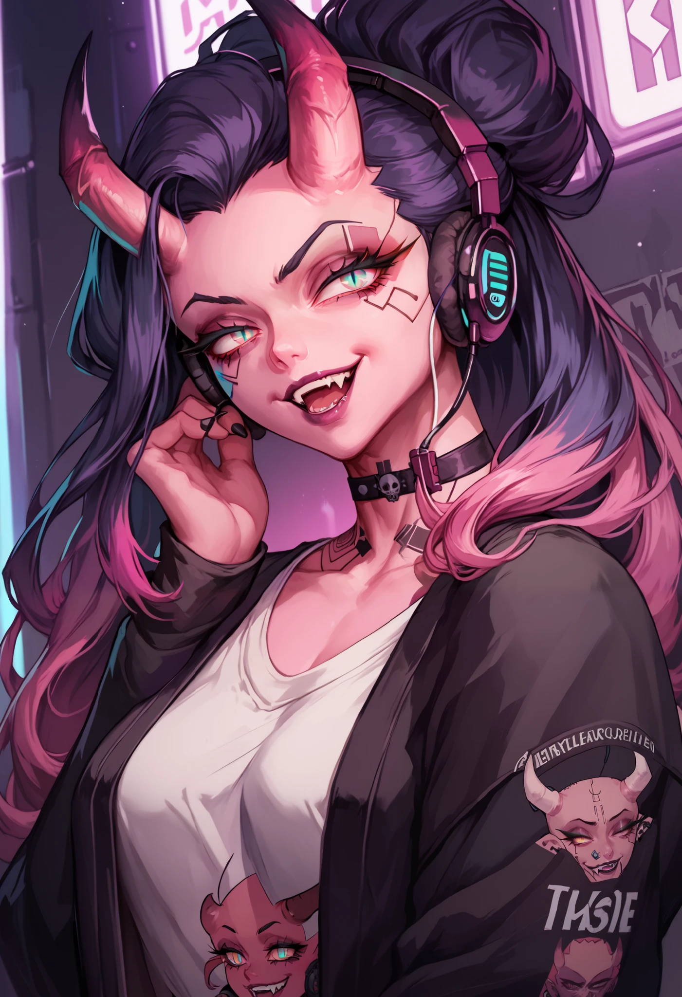 masterpiece, best quality, ultra-detailed, best illustration, solo, 1girl, mature female, oni girl, cyberpunk, pink skin, details neon, horns, slit pupils, long hair, goth, lone fang, loose clothes, headset on neck, bold, excited, cool, delinquent, seductive smile, athletic body