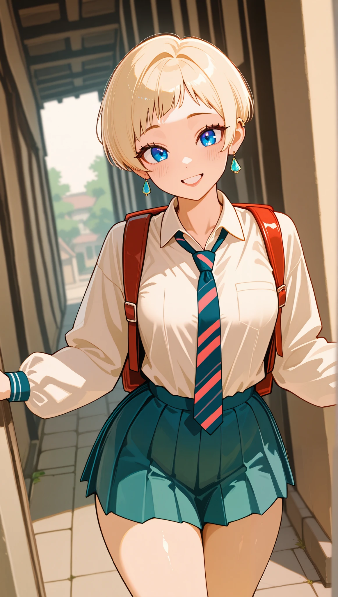 (masterpiece), (portrait), small breasts (aesthetics), ((1 female 21 years old)), Highlight earrings), ((very short hair, piercing in the ear, punk girl style )), ((Hot beige hair)), straight hair, thin eyes open, blue eyes, cute, female, woman, shy, distracted smile, beautiful, female features, top, high quality, aesthetic clothing, professional angle, (rule of thirds), (feminine), (feminine), (feminine), (beautiful) , (female ) features), solo, (Korean attractive), summer, (ink haze), (afternoon), (vibrant light), seductive posture, ((face looking forward))), school uniform, long-sleeved coat, white blouse underneath, tie, blue pleated skirt. backpack on the back ((Energy)), (no makeup), (small Breasts), Fair Skin, (Clothes with Hip Hop Details, horny and slutty voluptuous woman), (a hot tomboy girl, hot fit, voluptuous mature body, super curvy body), (Sleep Neckline), Beautiful Hands, Body beautiful, beautiful ears, beautiful eyes, bright eyes, beautiful mouth, beautiful lips, needy expression, sidewalk, houses, hot and thick thighs