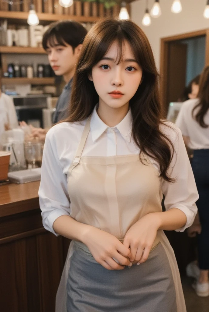 close-up of beautiful korean female, 34 inch breasts size, hair over shoulder, wearing shirt, in the bakery shop, cinematic scene, UHD