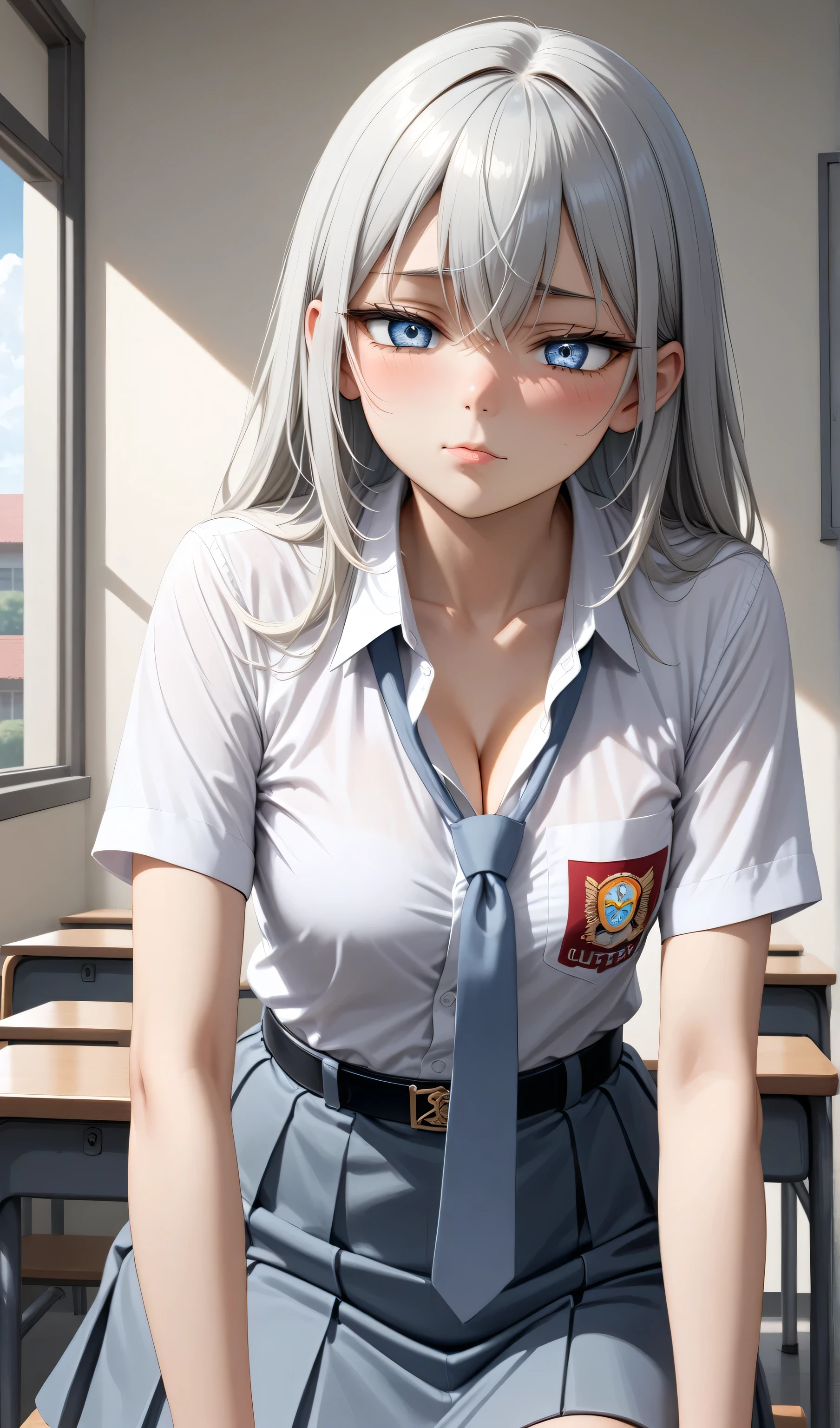 upper body, Random Sexy pose , ((Ultra detailing)), (very aesthetic, best quality, ultra detailed), intricate details,
1girl, silver hair, silver eyes,((Detailed eyes)), ((Beautifull eyes)), ((prefect eyes)), sharp jawline, long hair, shy, Licking her lips, Blush ,Wearing sma shirt, Gray tie, Gray Skirt, Belt, Pantyhose, Shoes, Cleavage, class room,