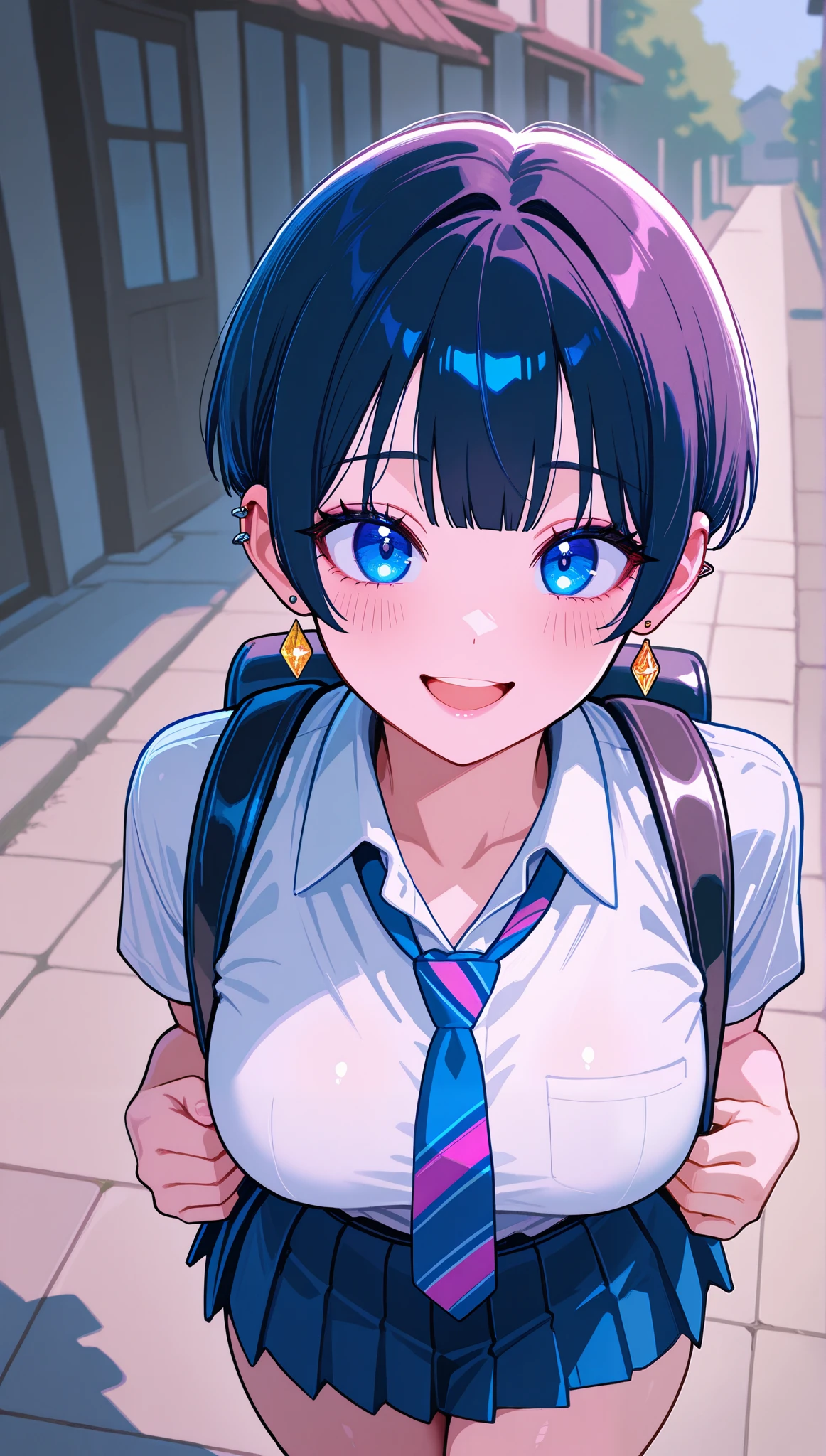 (masterpiece), (portrait), big breasts (aesthetics), ((1 female 21 years old)), Highlight earrings), ((very short hair, piercing in the ear, punk girl style )), ((Hot black punk hair)), straight hair, thin eyes open, blue eyes, cute, female, woman, shy, distracted smile, beautiful, female features, top, high quality, aesthetic clothing, professional angle, (rule of thirds), (feminine), (feminine), (feminine), (beautiful) , (female ) features), solo, (Korean attractive), summer, (ink haze), (afternoon), (vibrant light), seductive posture, ((face looking forward))), school uniform, long-sleeved coat, white blouse underneath, tie, blue pleated skirt. backpack on the back ((Energy)), (no makeup), (small Breasts), Fair Skin, (Clothes with Hip Hop Details, horny and slutty voluptuous woman), (a hot tomboy girl, hot fit, voluptuous mature body, super curvy body), (Sleep Neckline), Beautiful Hands, Body beautiful, beautiful ears, beautiful eyes, bright eyes, beautiful mouth, beautiful lips, needy expression, sidewalk, houses, hot and thick thighs