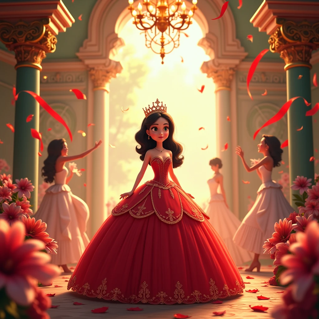 Animated quinceanera with strawberry-designed dress