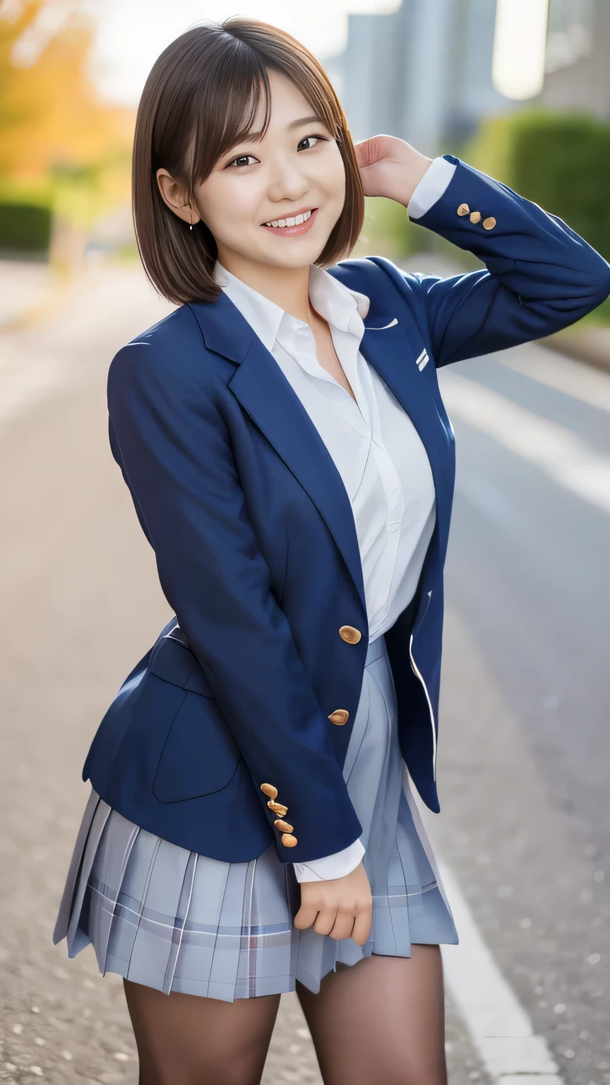 top quality、8k、Masterpiece、 Ultra High Resolution、Clear Photo、 professional lighting、 natural light、 is present、 perfect anatomy、 one woman、:1.8、smile、Big Breasts、saggy breasts:1.2、 beautiful hair、 short bob hair、(( high school student uniform、 navy blue blazer))、Shiny pantyhose、 stand and pose