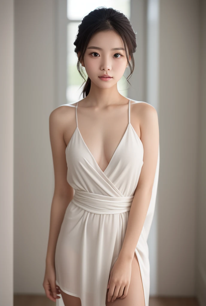 Photorealistic portrait of a 31-year-old Japanese actress, Kasumi Arimura inspired, distinctly East Asian features, soft oval face with gentle jawline and subtly rounded chin, smooth flawless skin with natural subtle yellowish undertone, large captivating almond-shaped dark brown eyes, visible single eyelid fold, straight black eyelashes, low and flat nose bridge with slightly upturned nose tip, full pink lips with gentle curve, prominently soft and plump cheeks with natural fullness giving a youthful and gentle appearance, subtle cheekbones without sharp angles, long lustrous straight black hair with dark brown undertones reaching past shoulders, wispy side-swept bangs framing face, hair parted slightly off-center, slender graceful neck, yet elegant figure at 160cm tall, wearing a form-fitting off-shoulder black dress or intricate white lace top, small dangling silver earrings, minimal natural makeup with soft peachy blush on rounded cheeks, light pink lip tint and subtle taupe eyeshadow, neatly groomed straight eyebrows, soft diffused studio lighting creating a warm glow, high-key portrait style, ultra high-resolution 8K photograph, gentle and warm expression with a subtle, close-lipped smile, direct eye contact with camera conveying both sweetness and maturity, known for versatile roles in popular Japanese dramas and films
