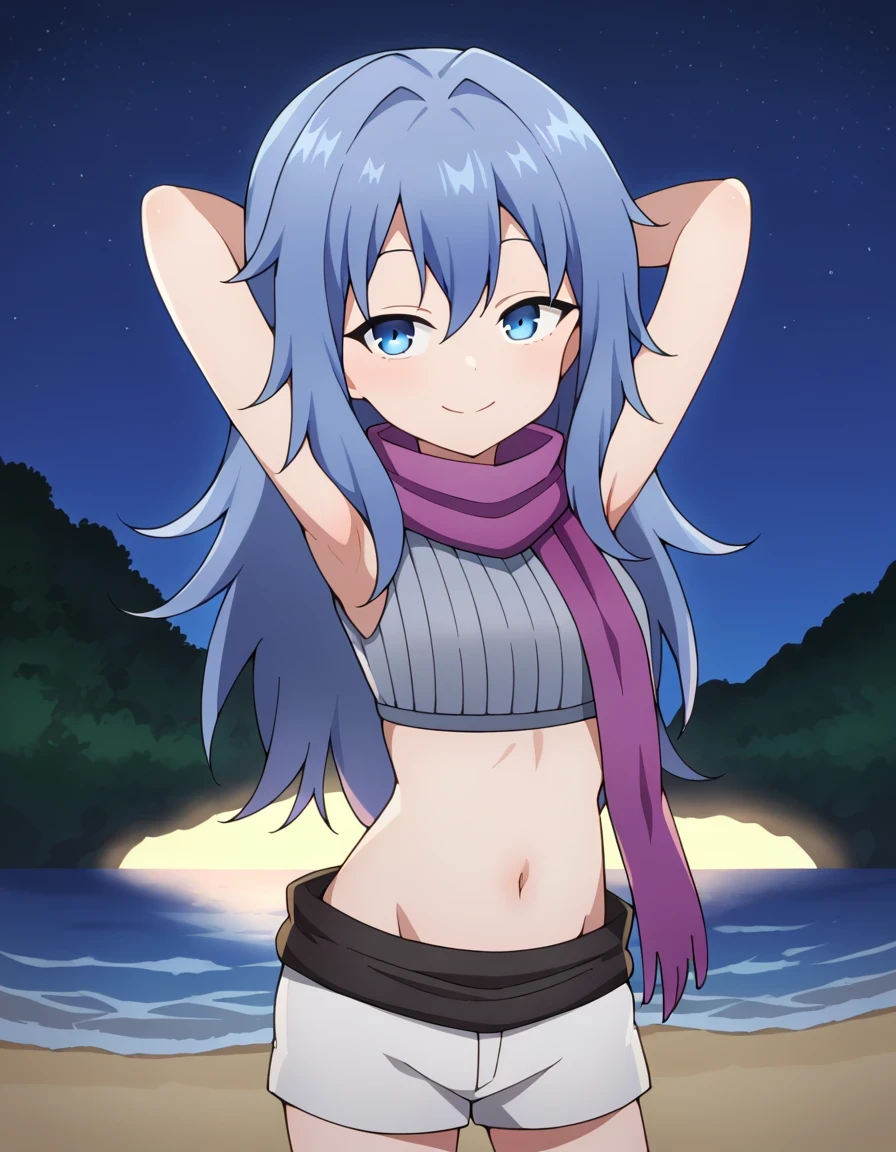 Hagi, blue eyes, blue hair, long hair, crop top, sleeveless, purple scarf, shorts, high quality, closed mouth, solo, cowboy shot, night sky, beach, arms behind head, (contrapposto), spread armpits, looking at viewer, best quality, smile