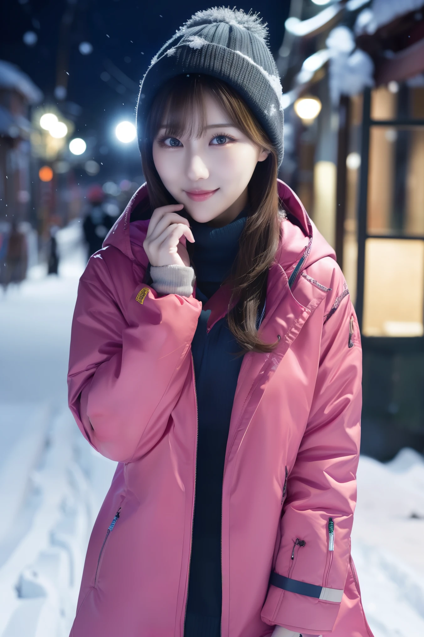 1 girl, (Wear ski wear:1.2), ( in a loop , top quality of talks), ( exist, photorealistic :1.4), masterpiece, (( Knee-length shots )), so delicate and beautiful, Extremely detailed outdoor , 2k wallpaper, wonderful, in detail, Highly Detailed CG Unity 8K Wallpaper , Super Detail, high resolution, Soft light, Beautiful detailed girl in a tall blue trench coat , very sophisticated eyes and face , beautiful detailed nose, beautiful detailed eyes, cinematic lights grab his body , Light that colors the city on a snowy night , Snow Scenery , It's Snowing , There'Snow in your hair , perfect anatomy, slender body, I was nervous.,
Straight semi-long hair , bangs, Viewer, smile
