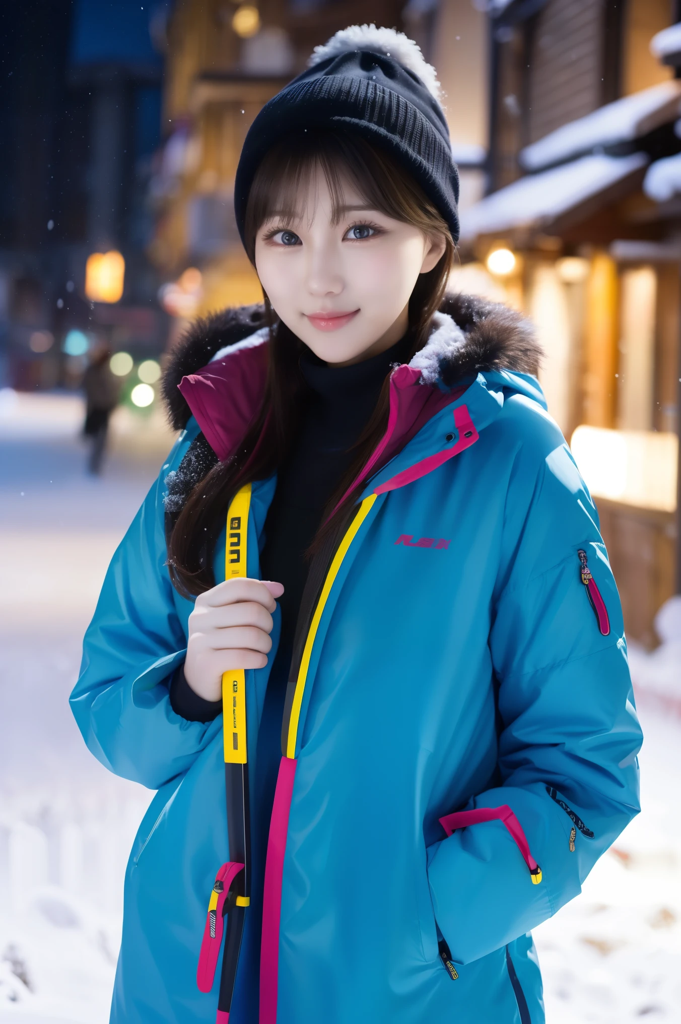   1 girl, (Wear ski wear:1.2), (   in a loop  ,   top quality of talks), ( exist,   photorealistic  :1.4), masterpiece, ((  Knee-length shots  )),   so delicate and beautiful,  Extremely detailed outdoor , 2k wallpaper,  wonderful,   in detail,    Highly Detailed CG Unity 8K Wallpaper  ,   Super Detail,   high resolution, Soft light,    Beautiful detailed girl in a tall blue trench coat  ,    very sophisticated eyes and face  ,   beautiful detailed nose,   beautiful detailed eyes,    cinematic lights grab his body ,   Light that colors the city on a snowy night  ,   Snow Scenery  ,   It's Snowing  , There&#39;Snow in your hair ,   perfect anatomy,   slender body, I was nervous., 
    Straight semi-long hair    , bangs,   Viewer, smile