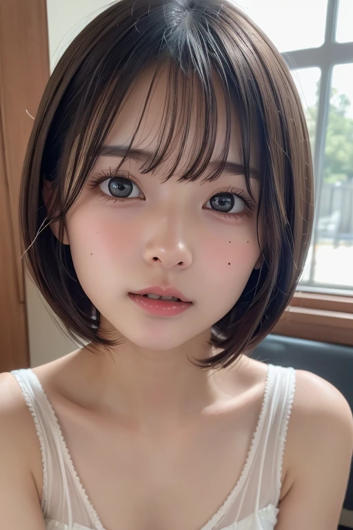 absurdres, (masterpiece, best quality), (ultra-detailed), extremely detailed,super high resolution, (Top Quality photorealistic Illustration), (Super Definition), (best quality,masterpiece:1.0),(cute illustration), (high Saturation), highres, ultra-detailed, 32k,8k resolution, intricate details, cinematic scene, detailed background, Soar (High chroma),(Sparkling),bathroom, depth background, in the sandy beach, ocean, splashing, blue sky, windy, rim light, sunlight, beautiful lighting, strong light,BREAK (1 girl) (kawaii), (cute), Beautiful and delicate eyes, Delicate and beautiful face, Facial accents, Perfect figure,(open shirt, bare breast:1.8), (show off beautiful nipples:1.8), (bare small areolas:1.4), Uniforms、bright expression、short bowl cut、Young shiny shiny white shiny skin、Best Looks、Natural black hair with dazzling highlights、shiny light hair, (short hair:1.6), silky straight hair、Beautiful bangs that shine、Double eyelids、eye liner、Glowing crystal clear attractive big brown eyes,(Very beautiful nice cute Nordic girl:1.6)